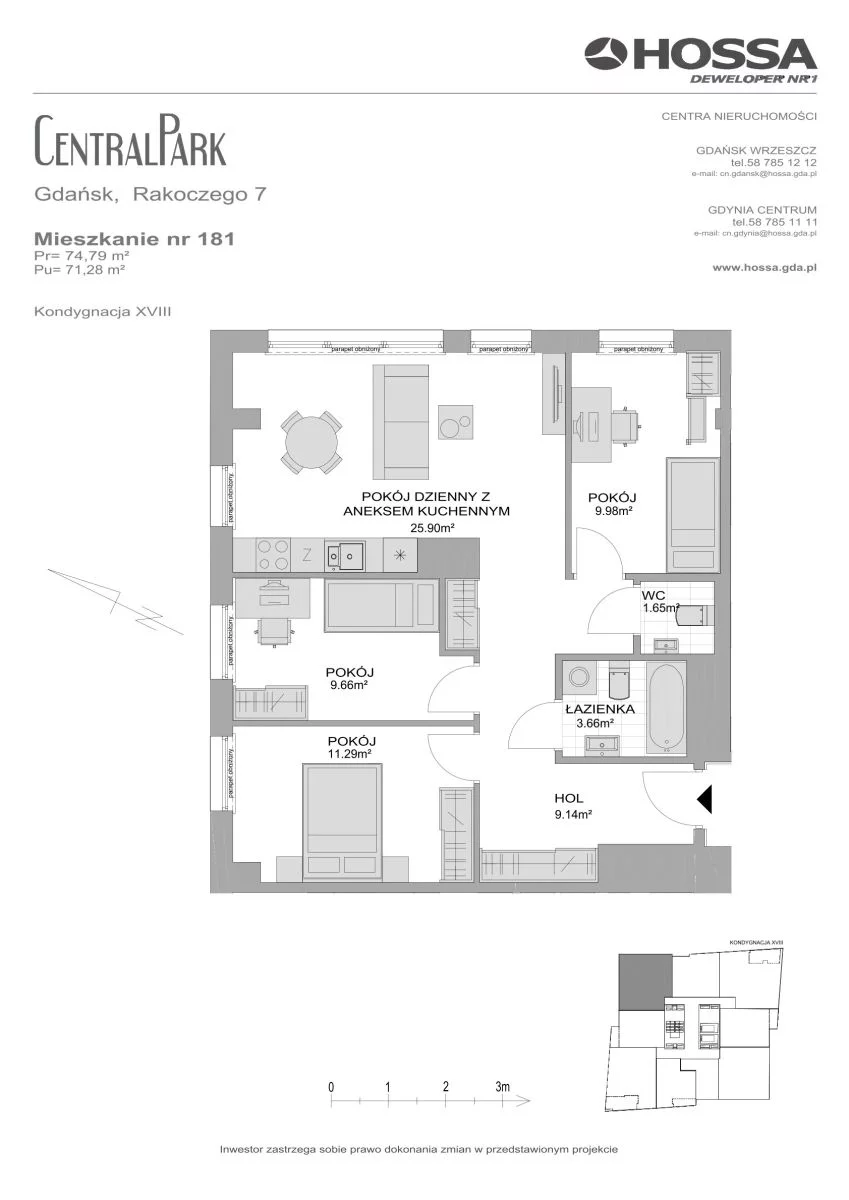 4 pokoje, mieszkanie 74,79 m², piętro 18, oferta nr CP/R7/181, Centralpark, Gdańsk, Piecki-Migowo, Morena, ul. Franciszka Rakoczego
