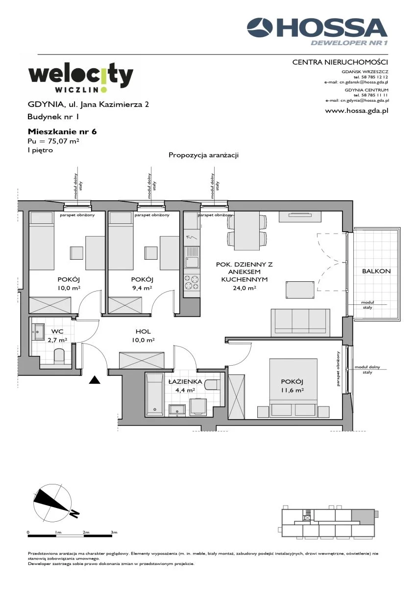 Mieszkanie 75,07 m², piętro 1, oferta nr W/1/6, Welocity Wiczlino, Gdynia, Chwarzno-Wiczlino, ul. Jana Kazimierza