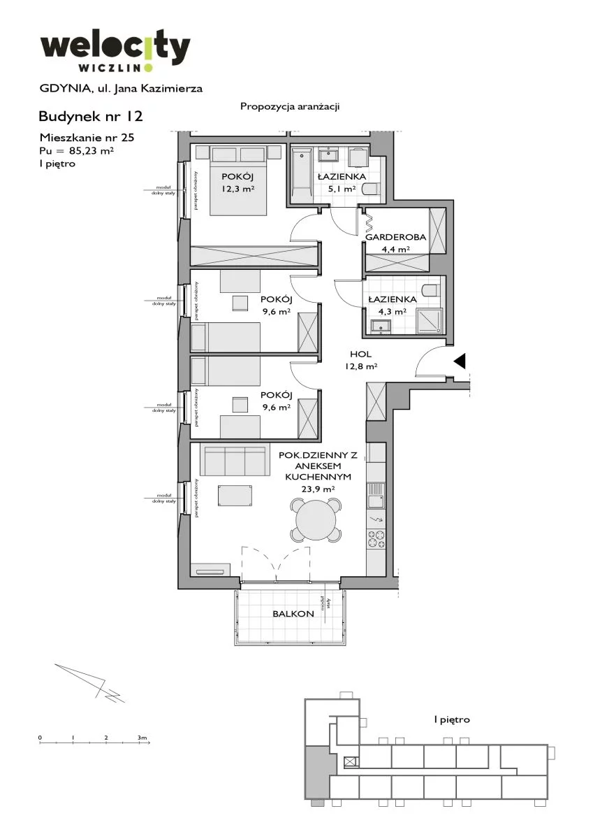 Mieszkanie 85,23 m², piętro 2, oferta nr W/12/25, Welocity Wiczlino, Gdynia, Chwarzno-Wiczlino, ul. Jana Kazimierza