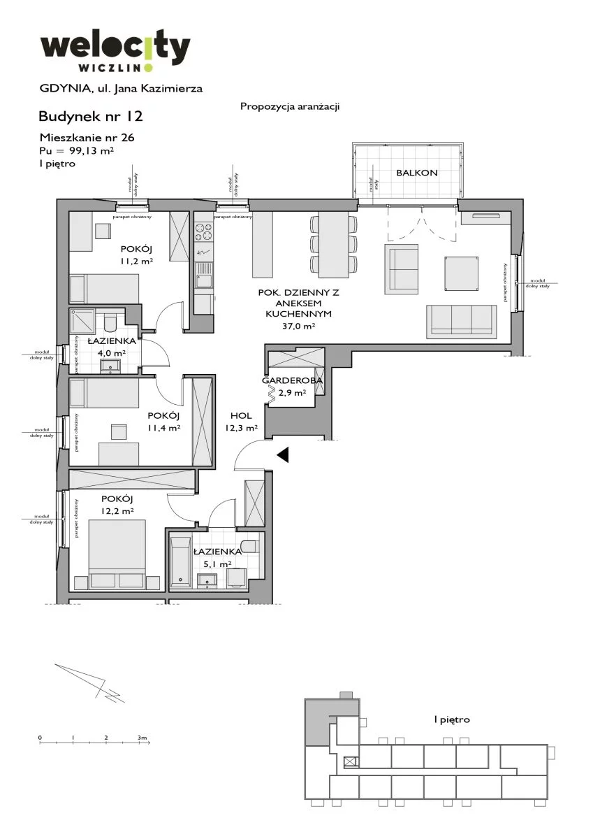 Mieszkanie 99,13 m², piętro 2, oferta nr W/12/26, Welocity Wiczlino, Gdynia, Chwarzno-Wiczlino, ul. Jana Kazimierza