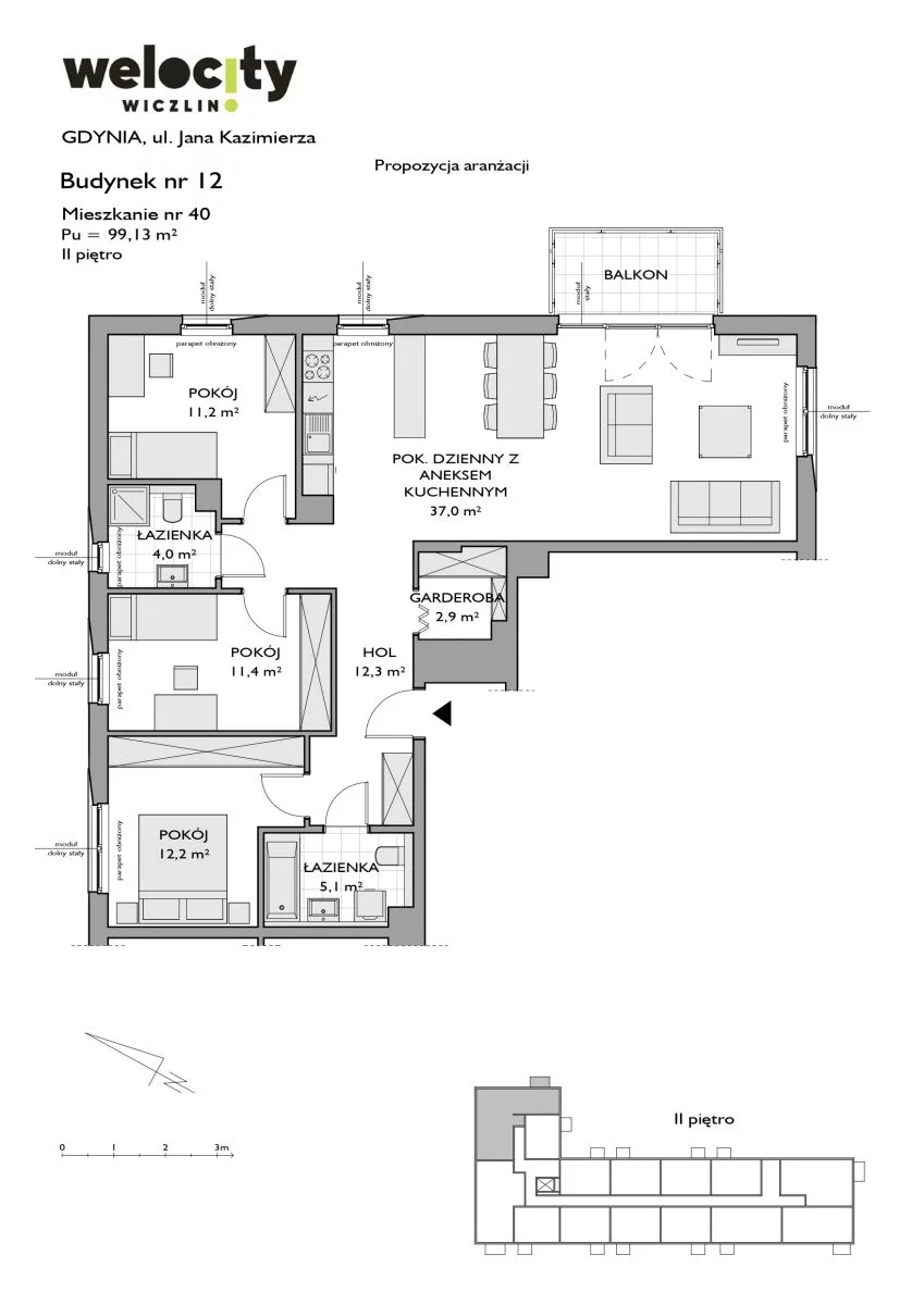 Mieszkanie 99,13 m², piętro 3, oferta nr W/12/40, Welocity Wiczlino, Gdynia, Chwarzno-Wiczlino, ul. Jana Kazimierza