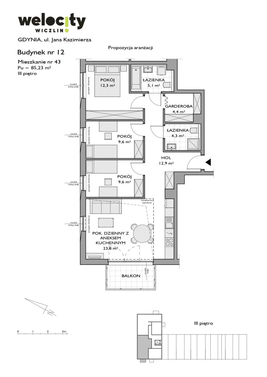 Mieszkanie 85,23 m², piętro 3, oferta nr W/12/43, Welocity Wiczlino, Gdynia, Chwarzno-Wiczlino, ul. Jana Kazimierza