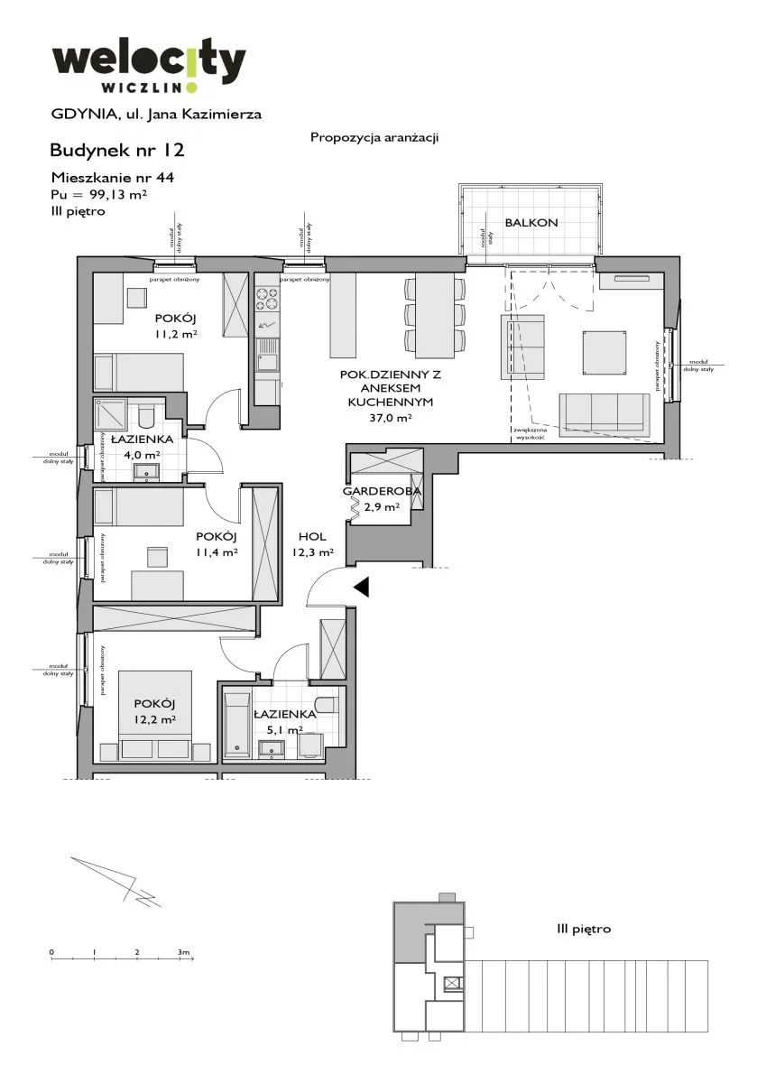 Mieszkanie 99,13 m², piętro 3, oferta nr W/12/44, Welocity Wiczlino, Gdynia, Chwarzno-Wiczlino, ul. Jana Kazimierza