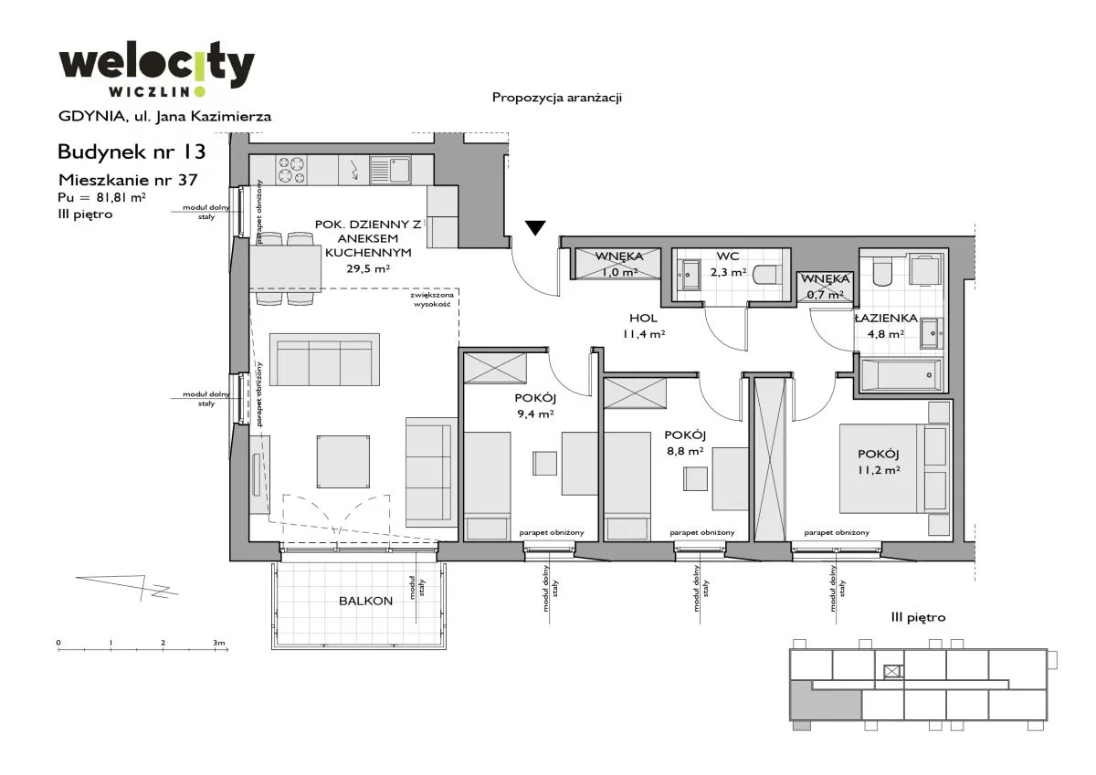 Mieszkanie 81,81 m², piętro 3, oferta nr W/13/37, Welocity Wiczlino, Gdynia, Chwarzno-Wiczlino, ul. Jana Kazimierza