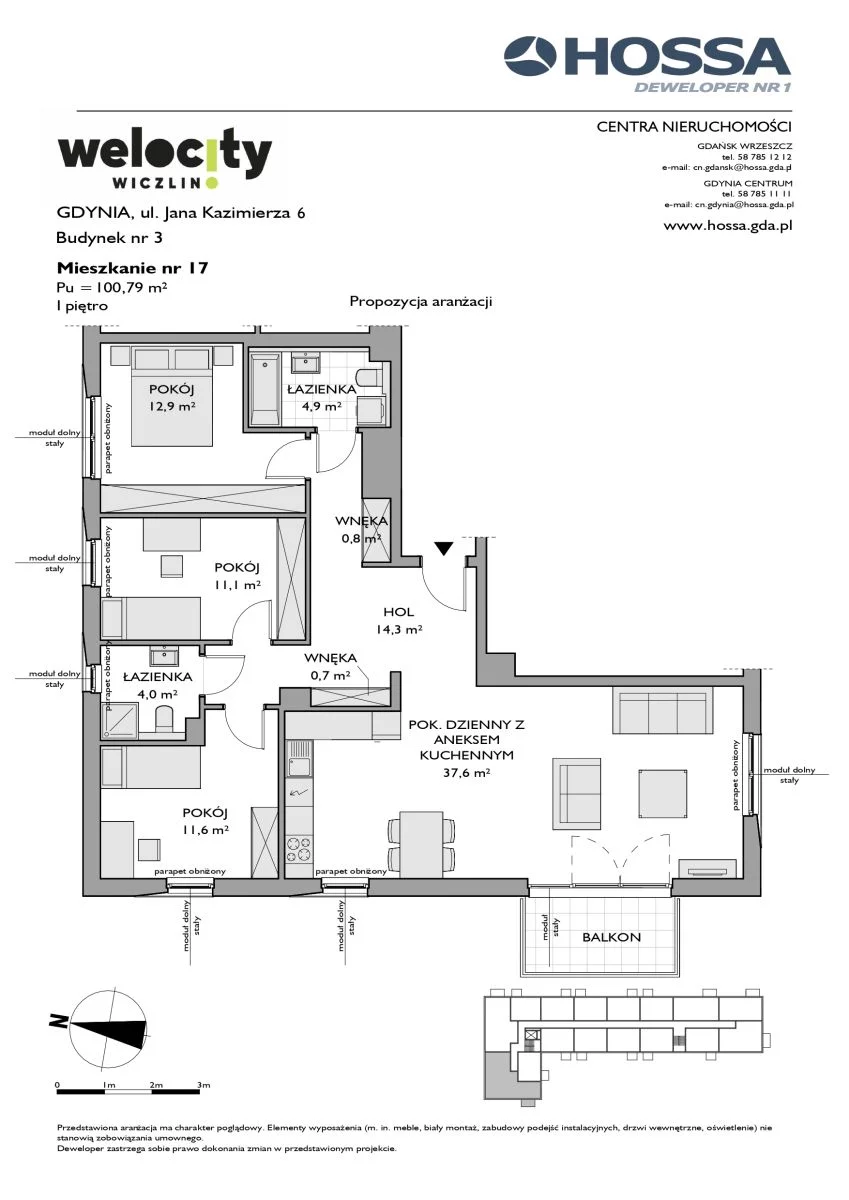 Mieszkanie 100,79 m², piętro 1, oferta nr W/3/17, Welocity Wiczlino, Gdynia, Chwarzno-Wiczlino, ul. Jana Kazimierza