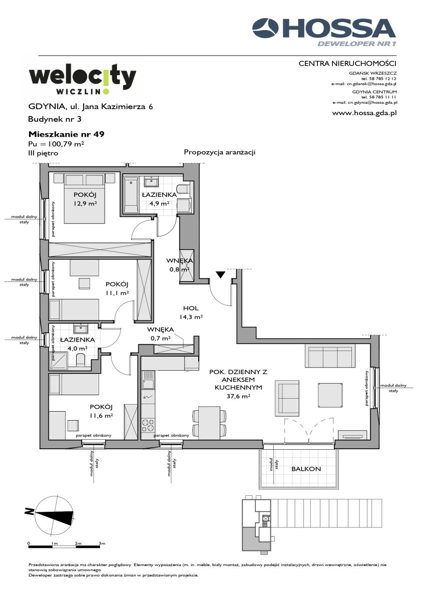 Mieszkanie 100,79 m², piętro 3, oferta nr W/3/49, Welocity Wiczlino, Gdynia, Chwarzno-Wiczlino, ul. Jana Kazimierza