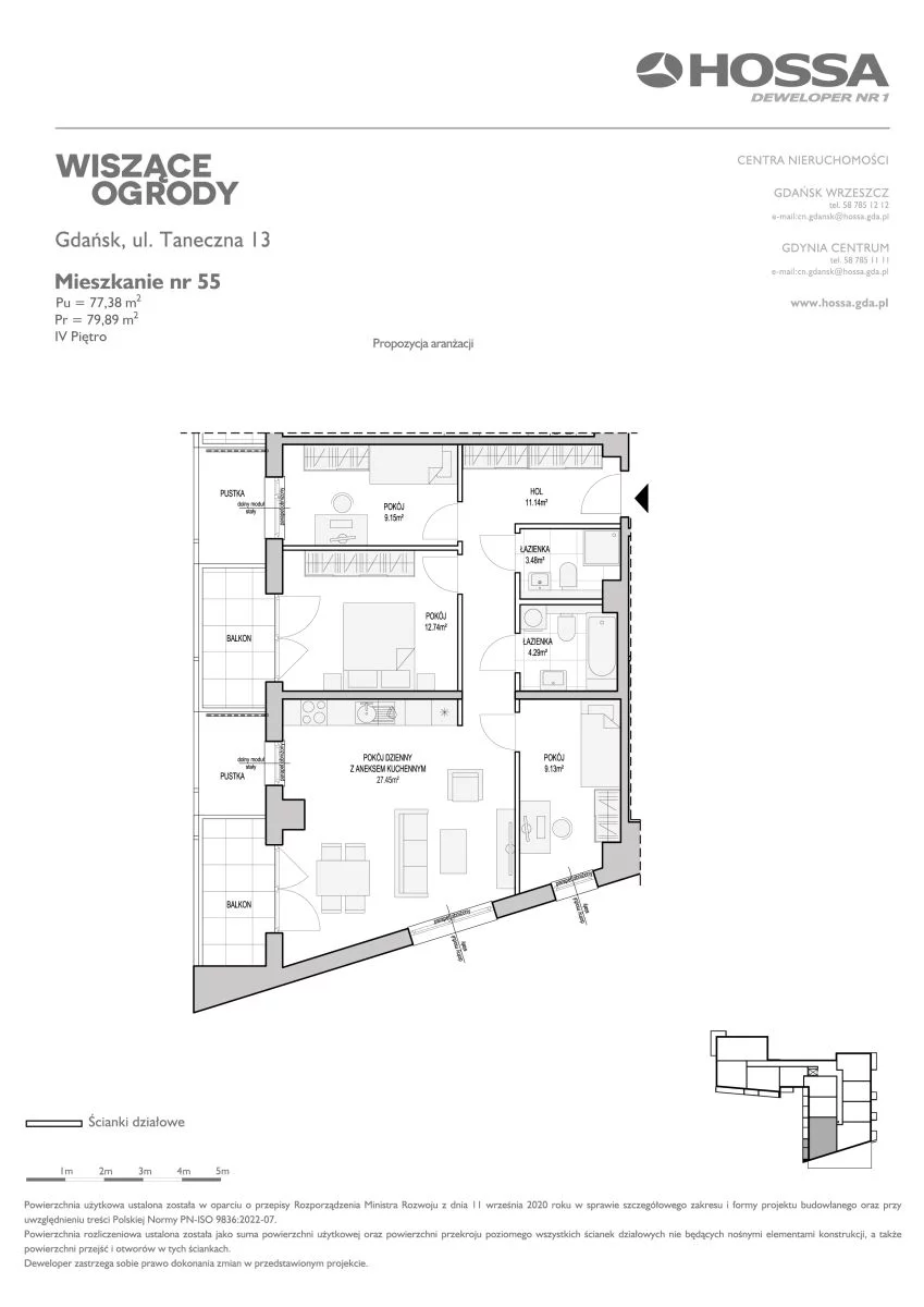 4 pokoje, mieszkanie 79,89 m², piętro 4, oferta nr WO/T/13/55, Wiszące Ogrody, Gdańsk, Jasień, Kiełpinek, ul. Przytulna