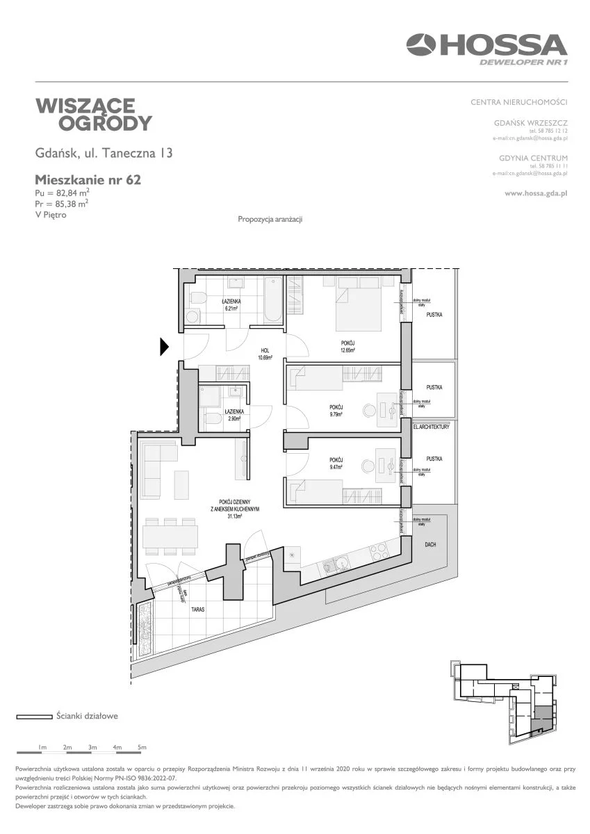 4 pokoje, mieszkanie 85,38 m², piętro 5, oferta nr WO/T/13/62, Wiszące Ogrody, Gdańsk, Jasień, Kiełpinek, ul. Przytulna