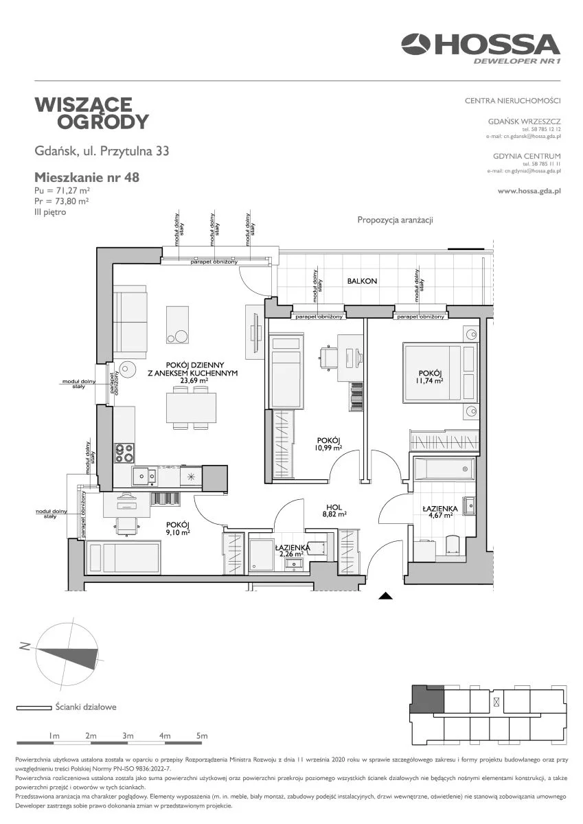 4 pokoje, mieszkanie 73,80 m², piętro 3, oferta nr WO/P33/48, Wiszące Ogrody, Gdańsk, Jasień, Kiełpinek, ul. Przytulna