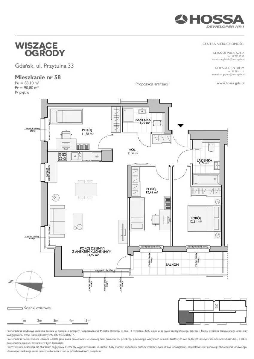 4 pokoje, mieszkanie 90,80 m², piętro 4, oferta nr WO/P33/58, Wiszące Ogrody, Gdańsk, Jasień, Kiełpinek, ul. Przytulna