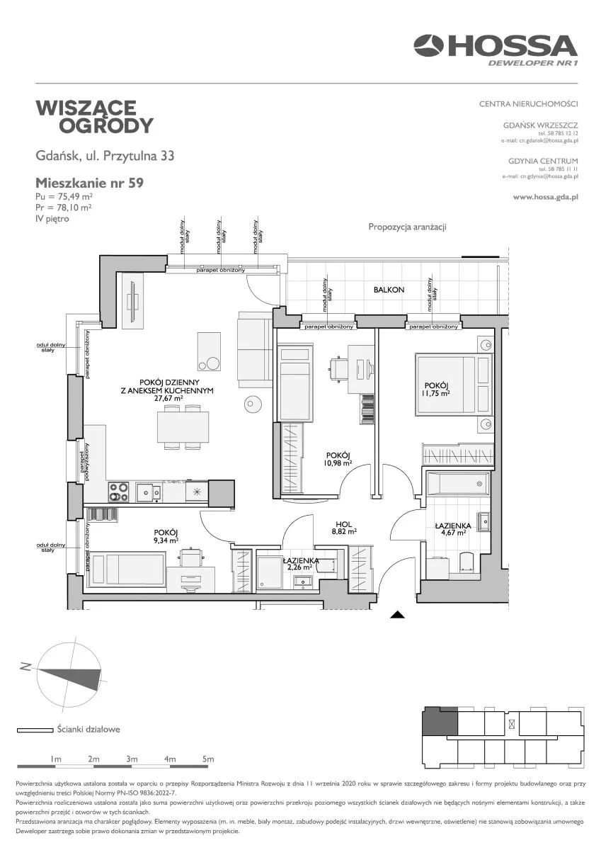 4 pokoje, mieszkanie 78,10 m², piętro 4, oferta nr WO/P33/59, Wiszące Ogrody, Gdańsk, Jasień, Kiełpinek, ul. Przytulna