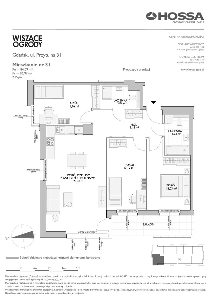 4 pokoje, mieszkanie 86,97 m², piętro 2, oferta nr WO/P31/31, Wiszące Ogrody, Gdańsk, Jasień, Kiełpinek, ul. Przytulna
