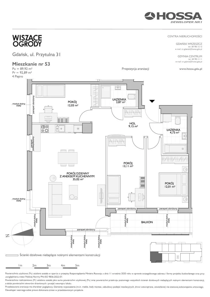 4 pokoje, mieszkanie 92,89 m², piętro 4, oferta nr WO/P31/53, Wiszące Ogrody, Gdańsk, Jasień, Kiełpinek, ul. Przytulna