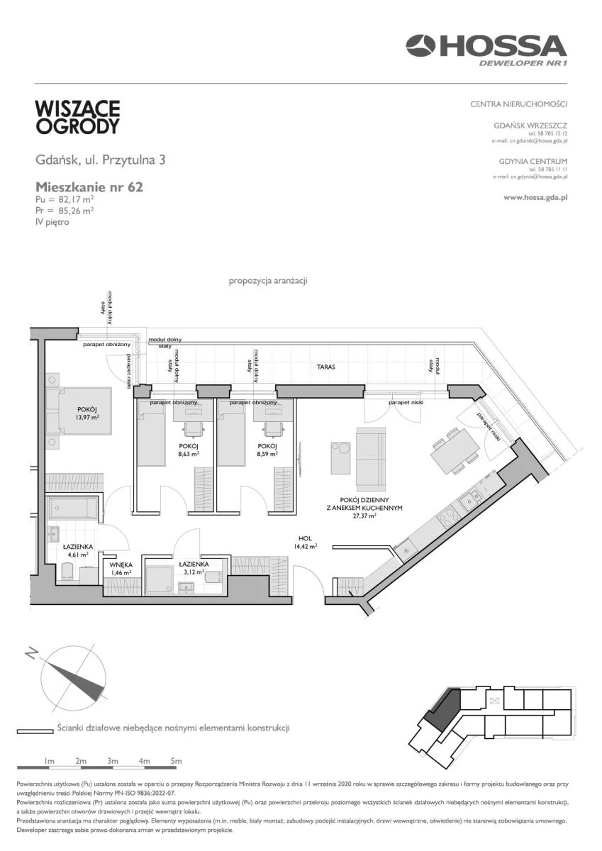 4 pokoje, mieszkanie 85,26 m², piętro 4, oferta nr WO/P3/62, Wiszące Ogrody, Gdańsk, Jasień, Kiełpinek, ul. Przytulna