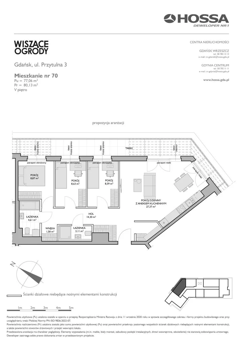 4 pokoje, mieszkanie 80,13 m², piętro 5, oferta nr WO/P3/70, Wiszące Ogrody, Gdańsk, Jasień, Kiełpinek, ul. Przytulna