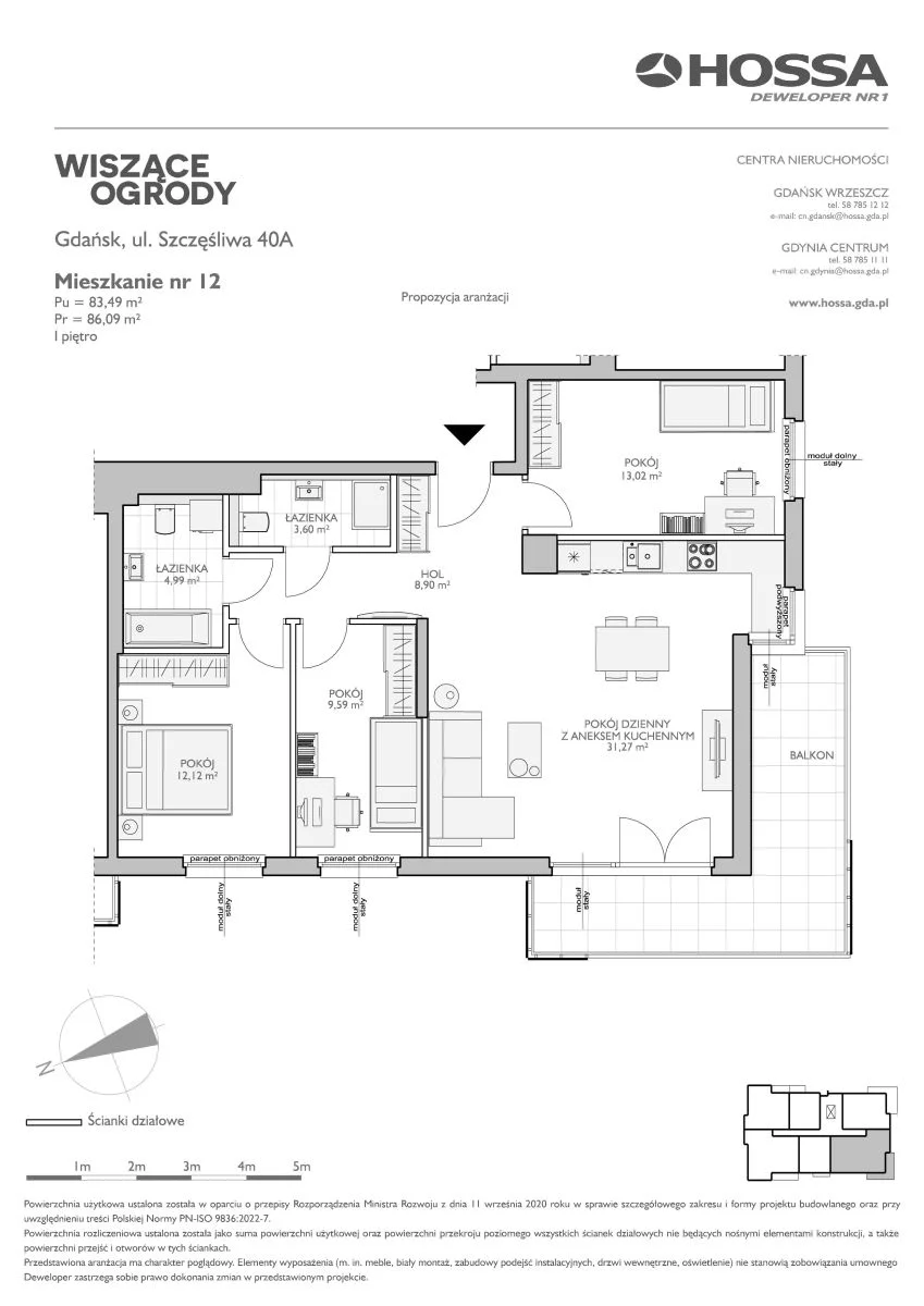 4 pokoje, mieszkanie 86,09 m², piętro 1, oferta nr WO/B3/12, Wiszące Ogrody, Gdańsk, Jasień, Kiełpinek, ul. Przytulna