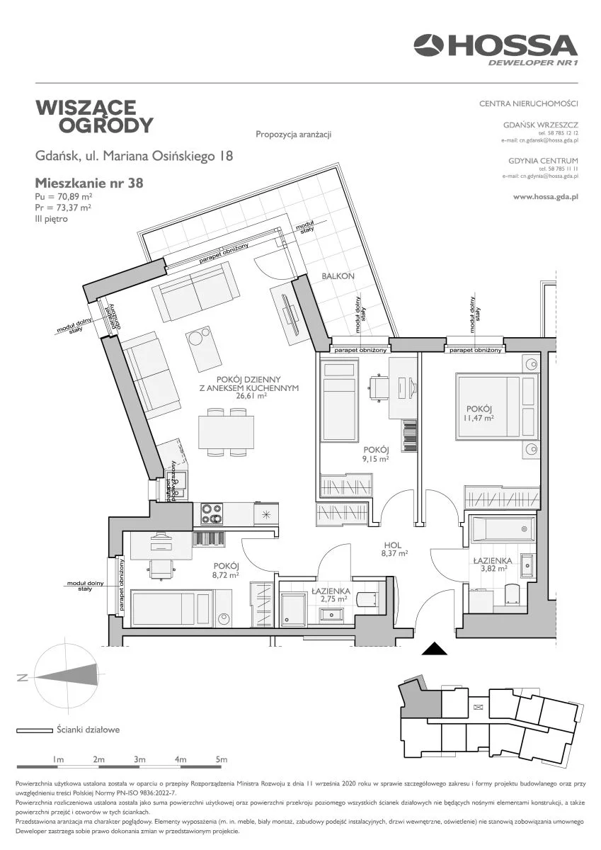 Mieszkanie 73,37 m², piętro 3, oferta nr WO/O18/38, Wiszące Ogrody, Gdańsk, Jasień, Kiełpinek, ul. Przytulna