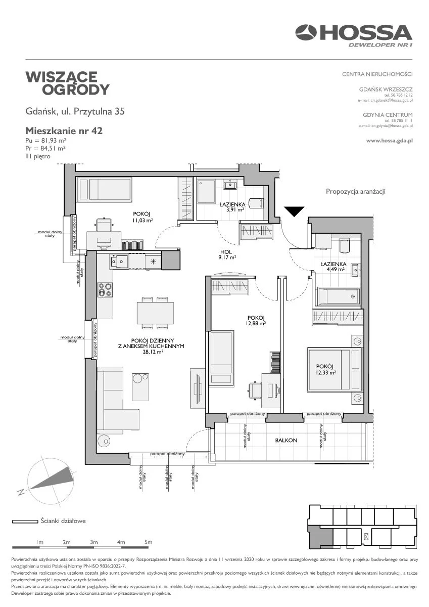4 pokoje, mieszkanie 84,51 m², piętro 3, oferta nr WO/P35//42, Wiszące Ogrody, Gdańsk, Jasień, Kiełpinek, ul. Przytulna