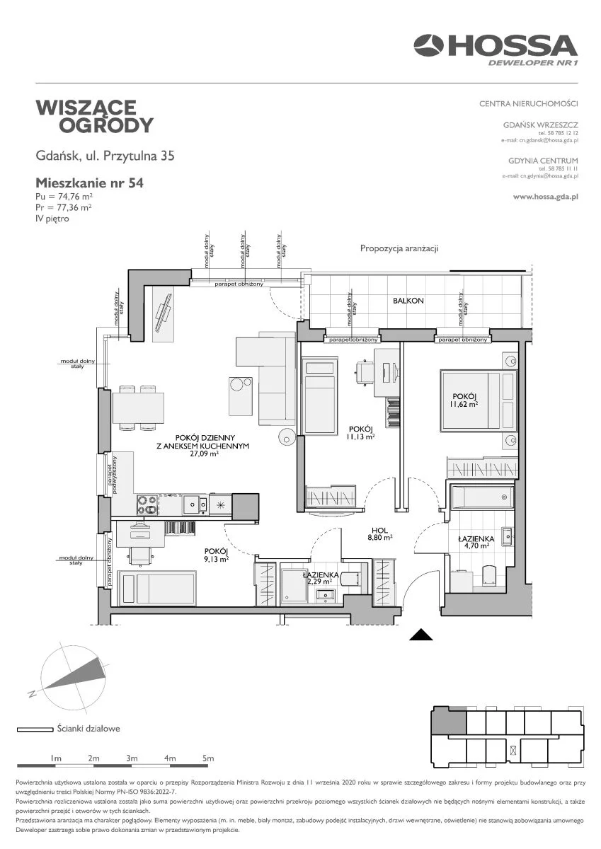 4 pokoje, mieszkanie 77,36 m², piętro 4, oferta nr WO/P35//54, Wiszące Ogrody, Gdańsk, Jasień, Kiełpinek, ul. Przytulna