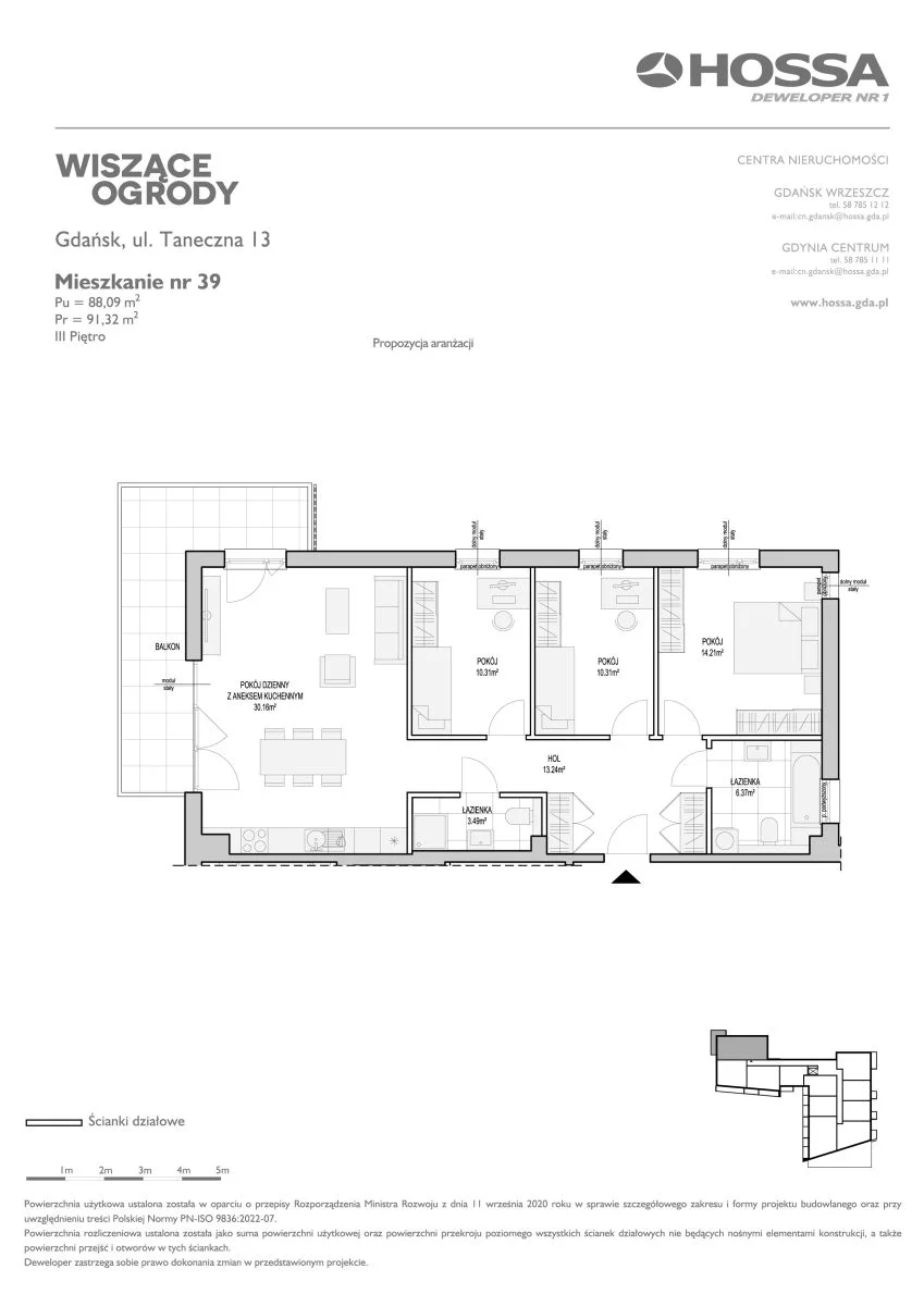 Mieszkanie 91,32 m², piętro 3, oferta nr WO/T/13/39, Wiszące Ogrody, Gdańsk, Jasień, Kiełpinek, ul. Przytulna