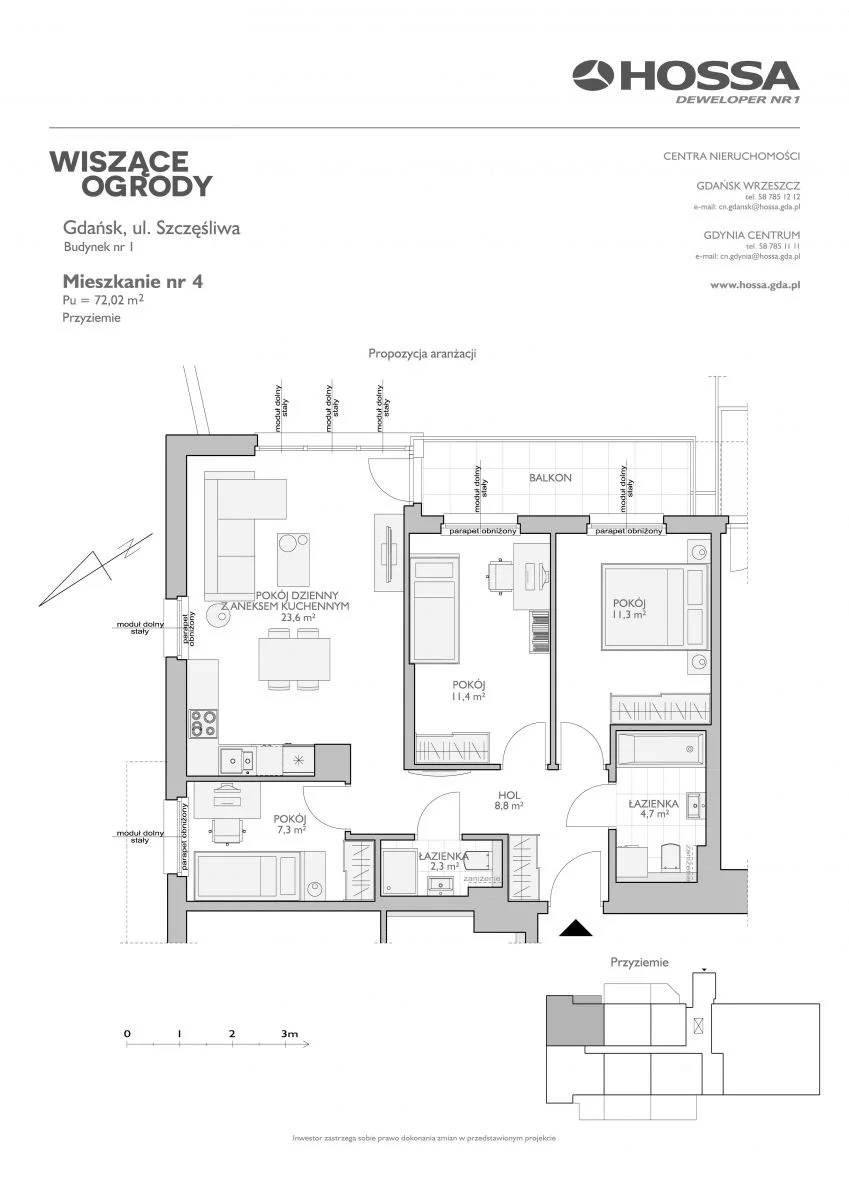 Mieszkanie 72,46 m², parter, oferta nr WO/B/1/4, Wiszące Ogrody, Gdańsk, Jasień, Kiełpinek, ul. Przytulna