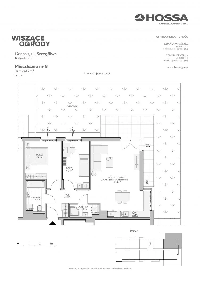 Mieszkanie 72,58 m², parter, oferta nr WO/B/1/8, Wiszące Ogrody, Gdańsk, Jasień, Kiełpinek, ul. Przytulna