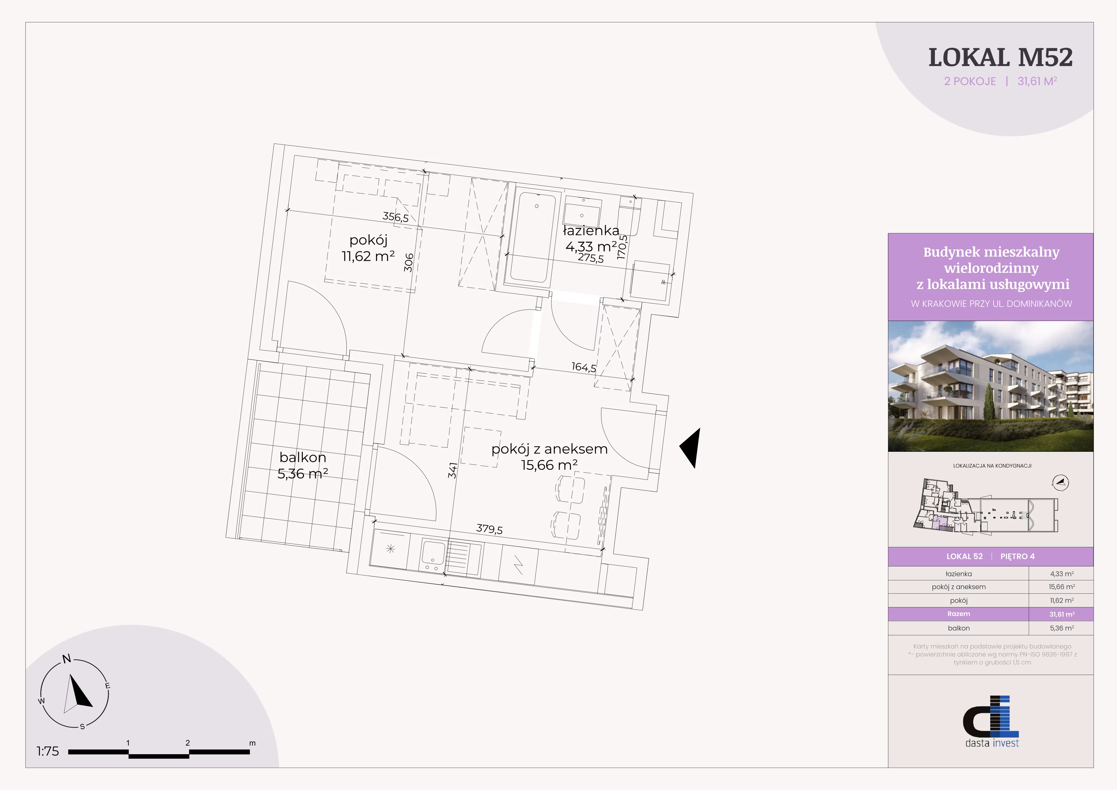 2 pokoje, mieszkanie 31,61 m², piętro 4, oferta nr 52, Dominikanów, Kraków, Prądnik Czerwony, ul. Dominikanów 28