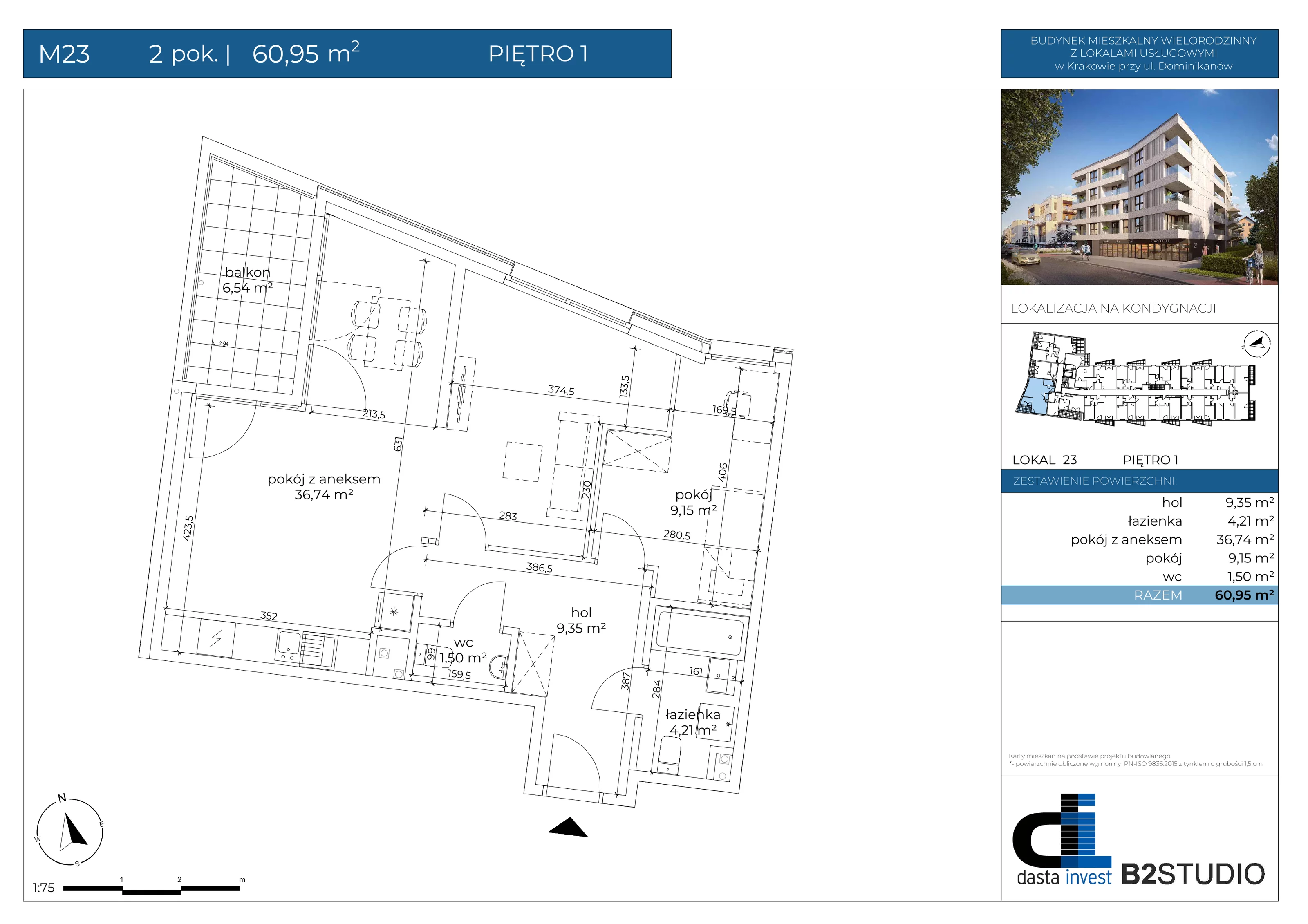 3 pokoje, mieszkanie 60,69 m², piętro 1, oferta nr 23, Dominikanów, Kraków, Prądnik Czerwony, ul. Dominikanów 28