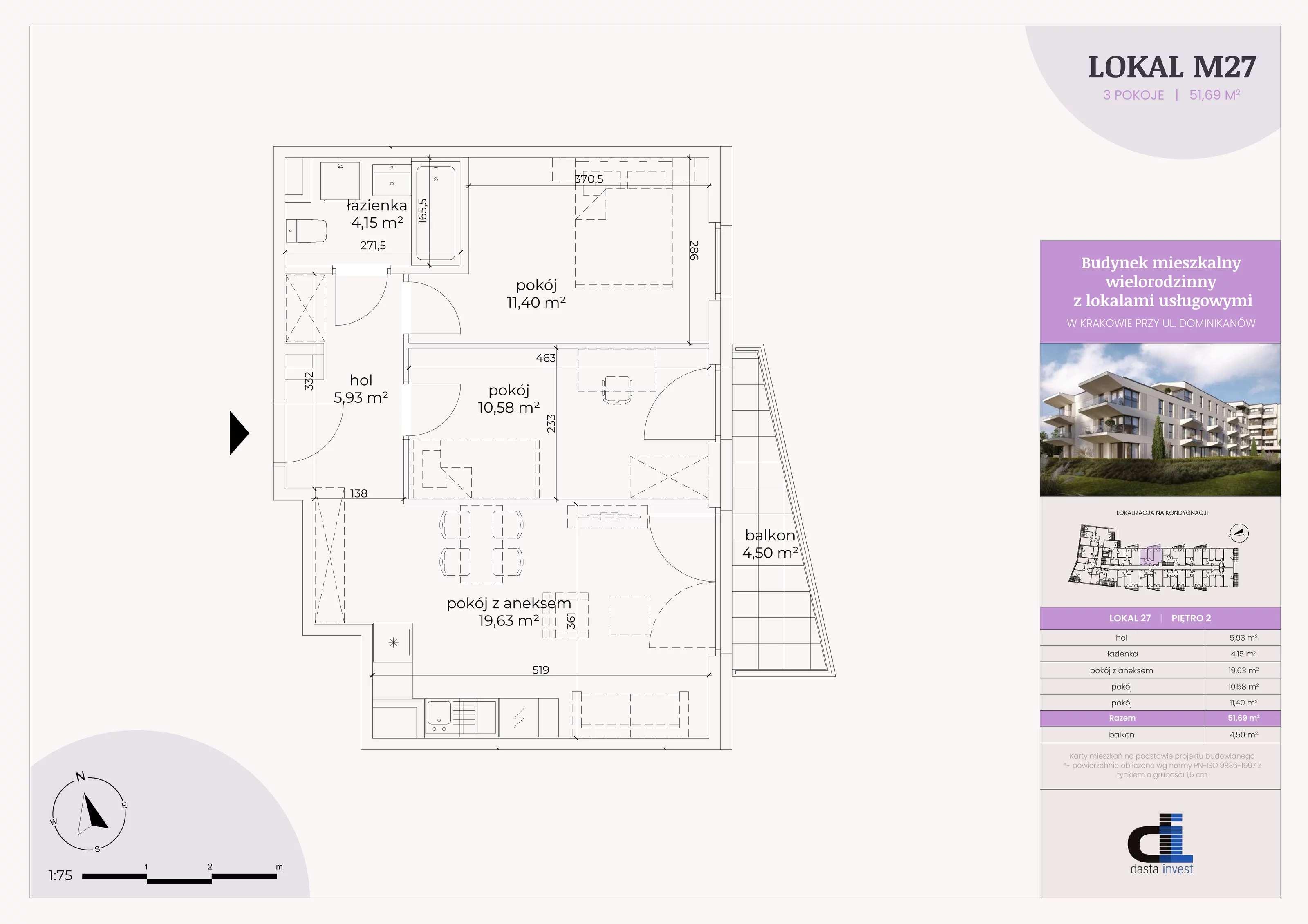 3 pokoje, mieszkanie 51,69 m², piętro 2, oferta nr 27, Dominikanów, Kraków, Prądnik Czerwony, ul. Dominikanów 28