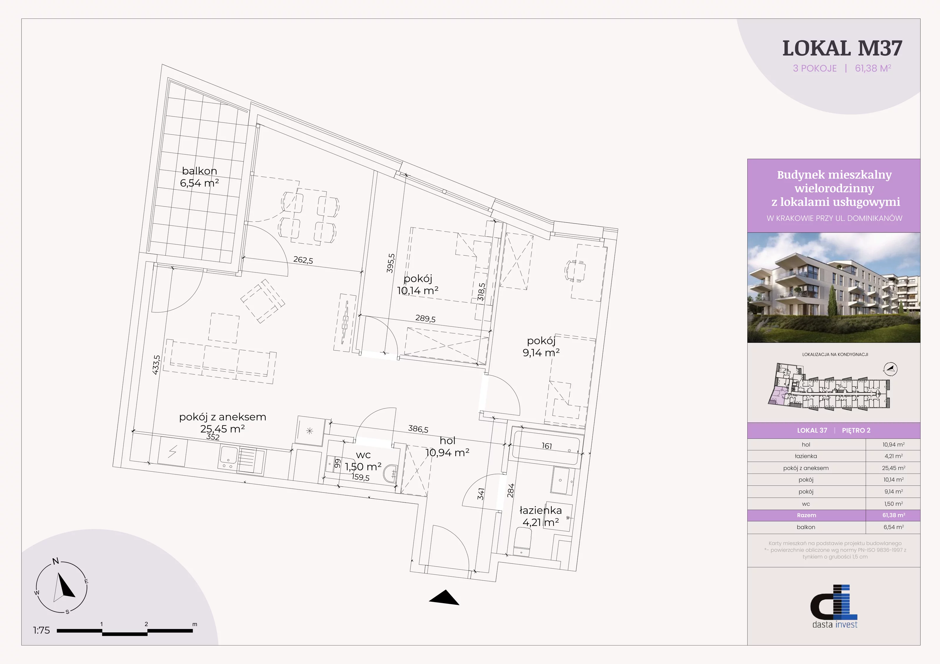 3 pokoje, mieszkanie 61,39 m², piętro 2, oferta nr 37, Dominikanów, Kraków, Prądnik Czerwony, ul. Dominikanów 28
