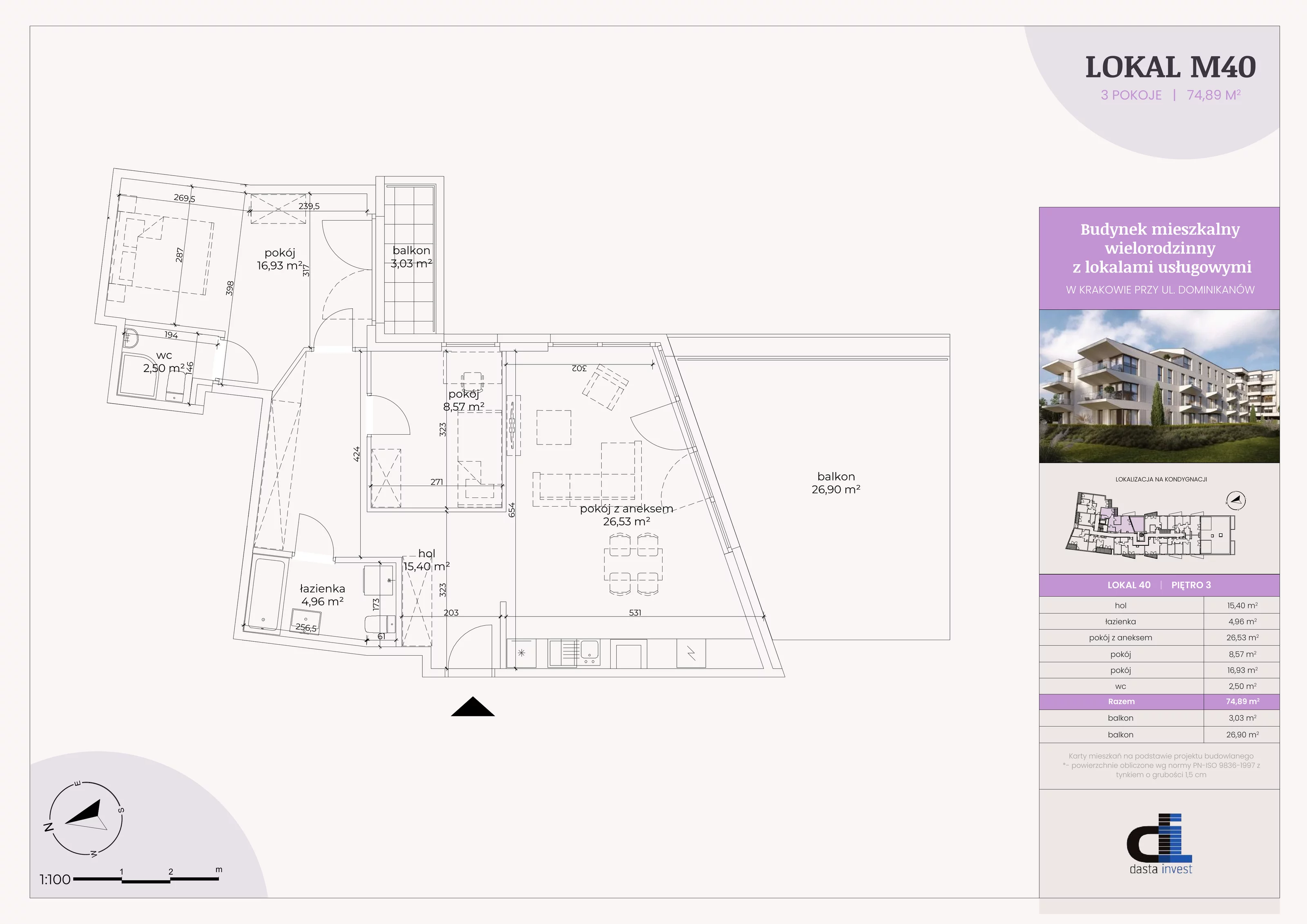 3 pokoje, mieszkanie 74,89 m², piętro 3, oferta nr 40, Dominikanów, Kraków, Prądnik Czerwony, ul. Dominikanów 28