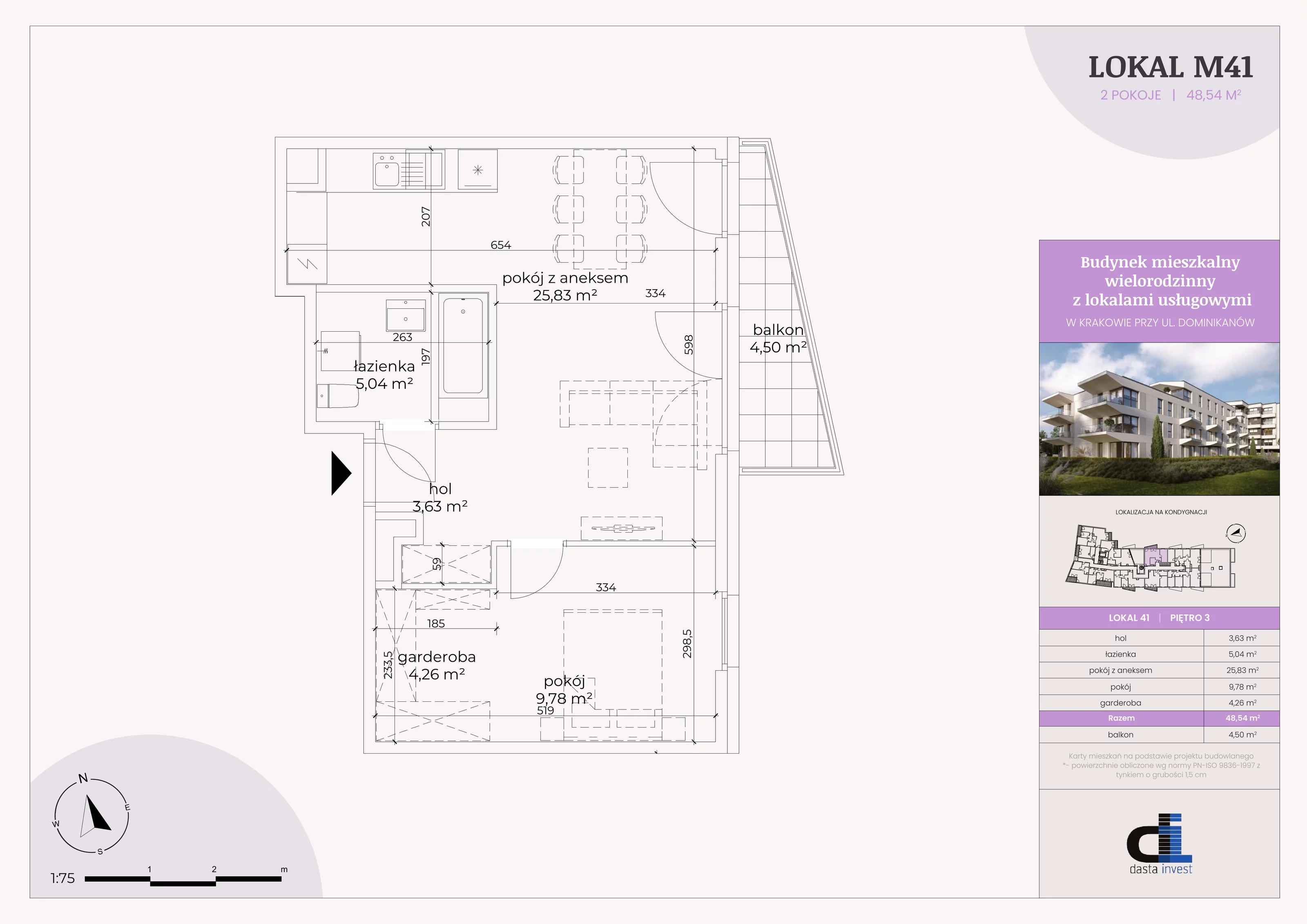2 pokoje, mieszkanie 48,55 m², piętro 3, oferta nr 41, Dominikanów, Kraków, Prądnik Czerwony, ul. Dominikanów 28