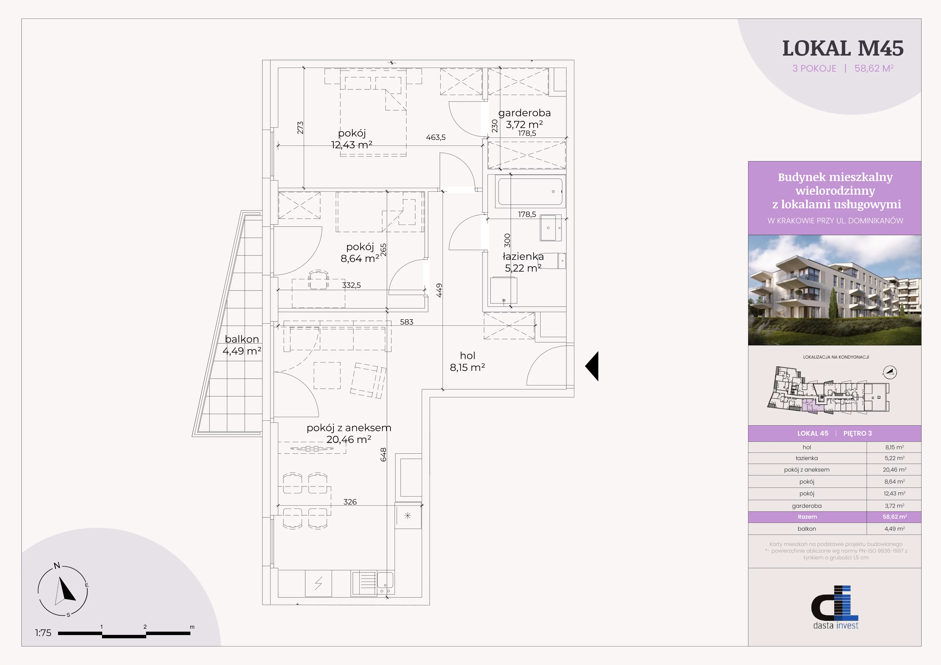 3 pokoje, mieszkanie 58,63 m², piętro 3, oferta nr 45, Dominikanów, Kraków, Prądnik Czerwony, ul. Dominikanów 28