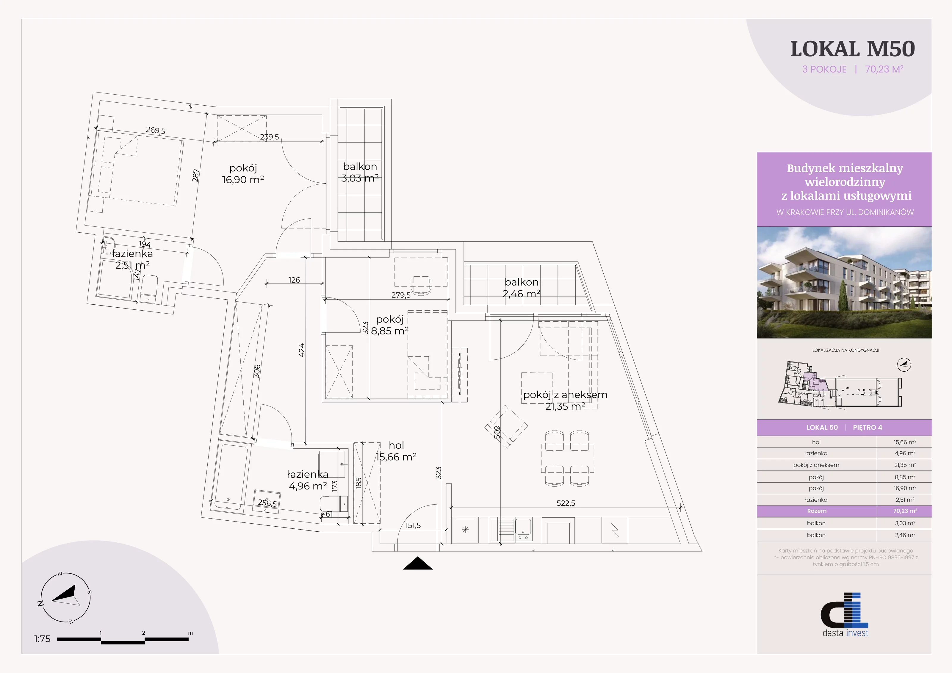 3 pokoje, mieszkanie 70,24 m², piętro 4, oferta nr 50, Dominikanów, Kraków, Prądnik Czerwony, ul. Dominikanów 28