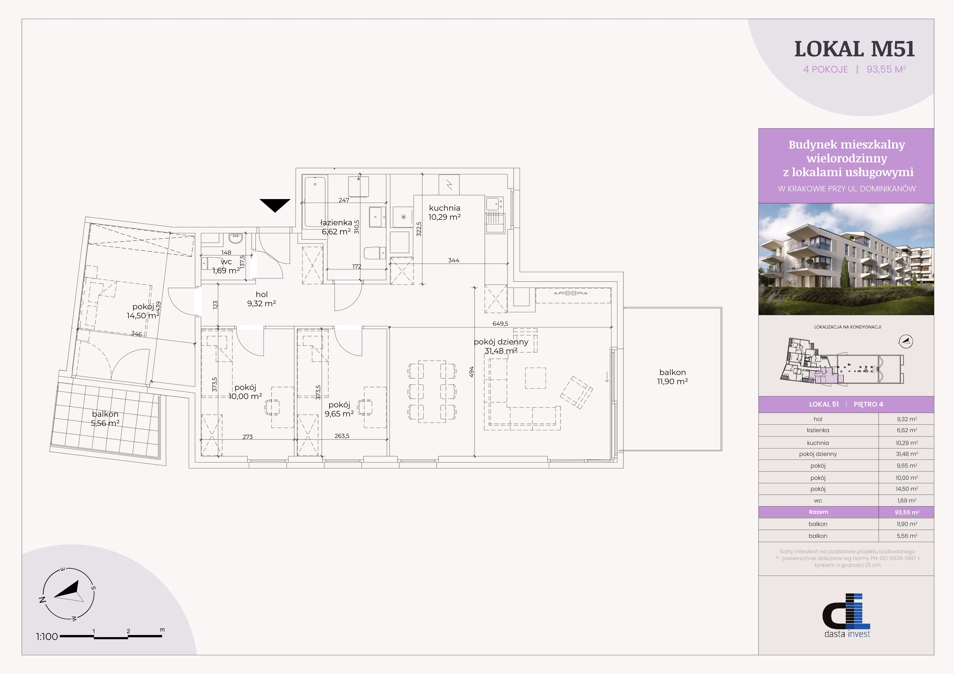3 pokoje, mieszkanie 93,54 m², piętro 4, oferta nr 51, Dominikanów, Kraków, Prądnik Czerwony, ul. Dominikanów 28
