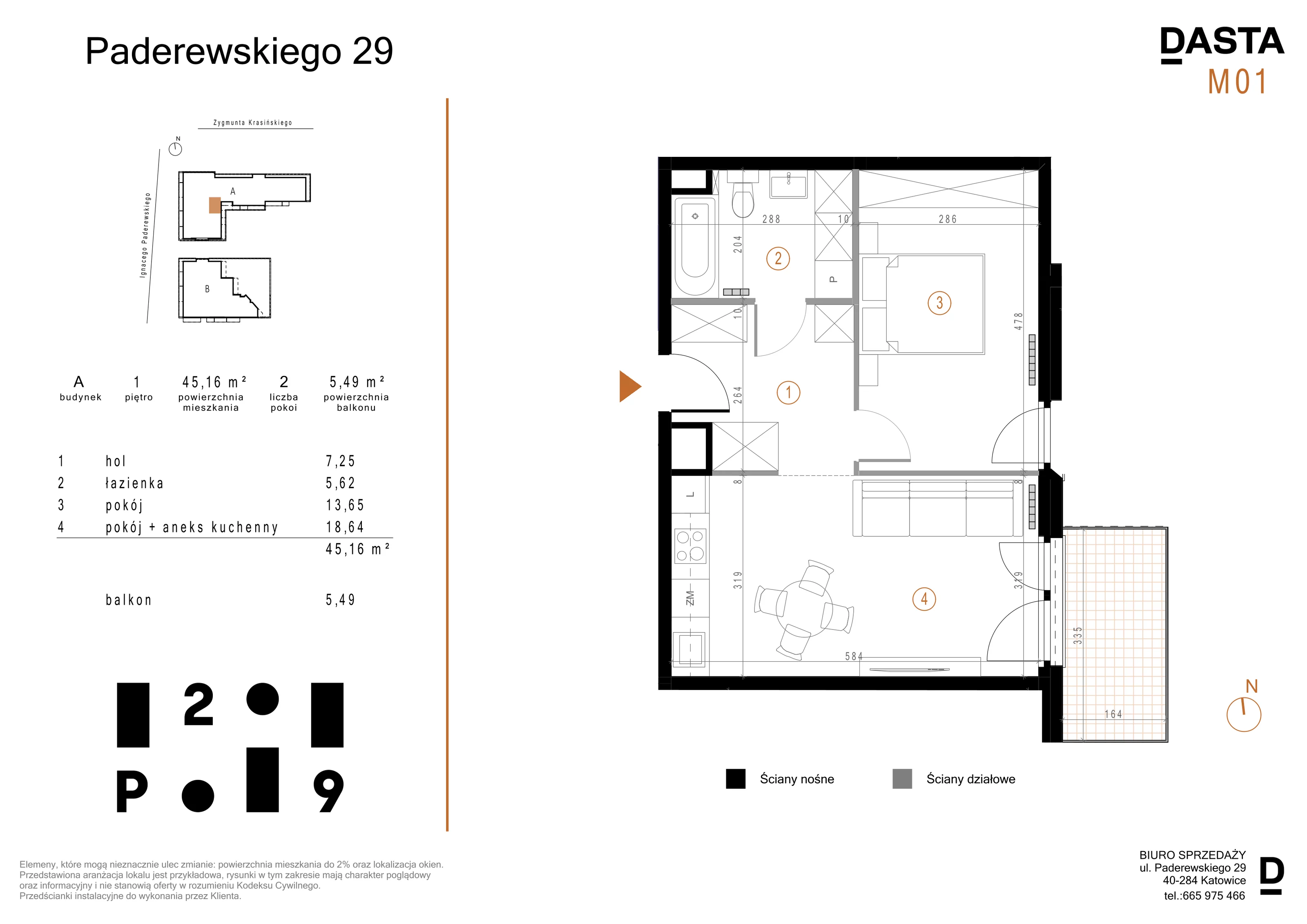 2 pokoje, mieszkanie 45,16 m², piętro 1, oferta nr A01, Paderewskiego 29, Katowice, Osiedle Paderewskiego-Muchowiec, Dolina Trzech Stawów, ul. Ignacego Paderewskiego 29