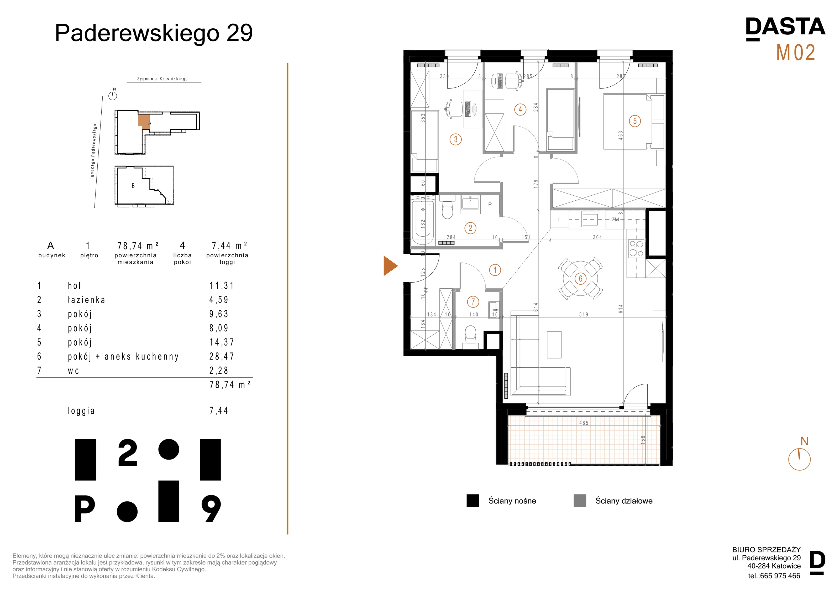 4 pokoje, mieszkanie 78,74 m², piętro 1, oferta nr A02, Paderewskiego 29, Katowice, Osiedle Paderewskiego-Muchowiec, Dolina Trzech Stawów, ul. Ignacego Paderewskiego 29