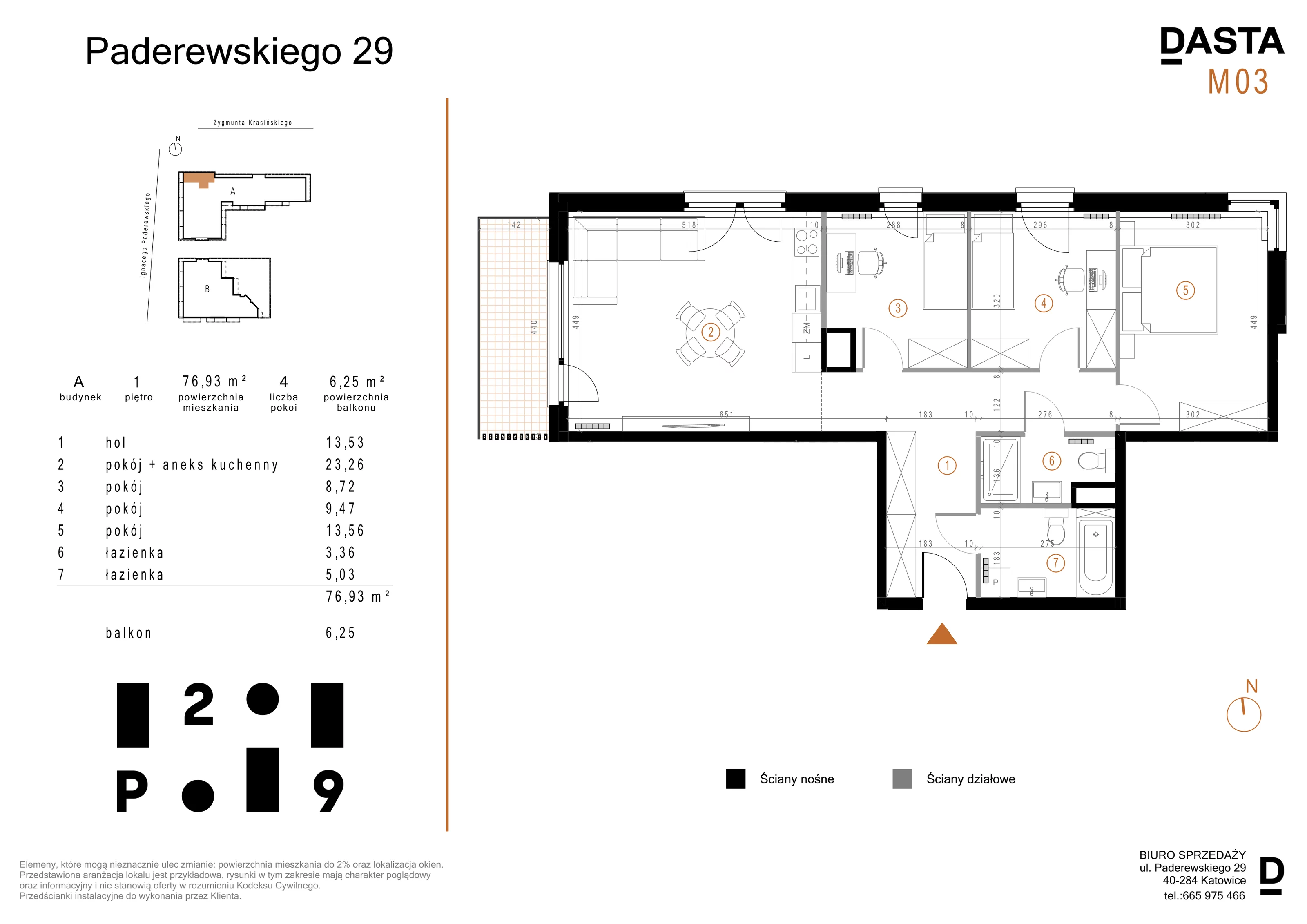 4 pokoje, mieszkanie 76,93 m², piętro 1, oferta nr A03, Paderewskiego 29, Katowice, Osiedle Paderewskiego-Muchowiec, Dolina Trzech Stawów, ul. Ignacego Paderewskiego 29