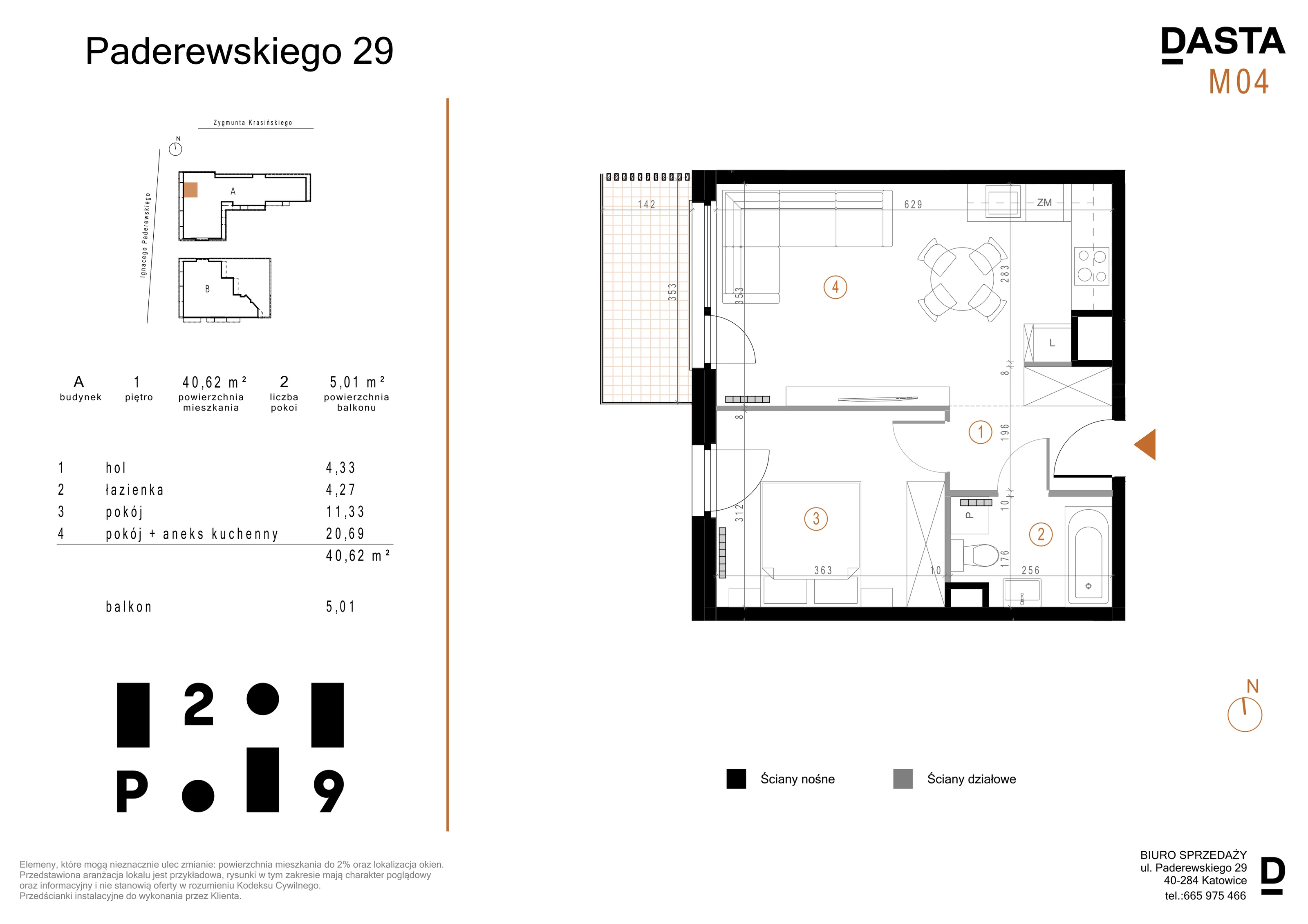 2 pokoje, mieszkanie 40,62 m², piętro 1, oferta nr A04, Paderewskiego 29, Katowice, Osiedle Paderewskiego-Muchowiec, Dolina Trzech Stawów, ul. Ignacego Paderewskiego 29