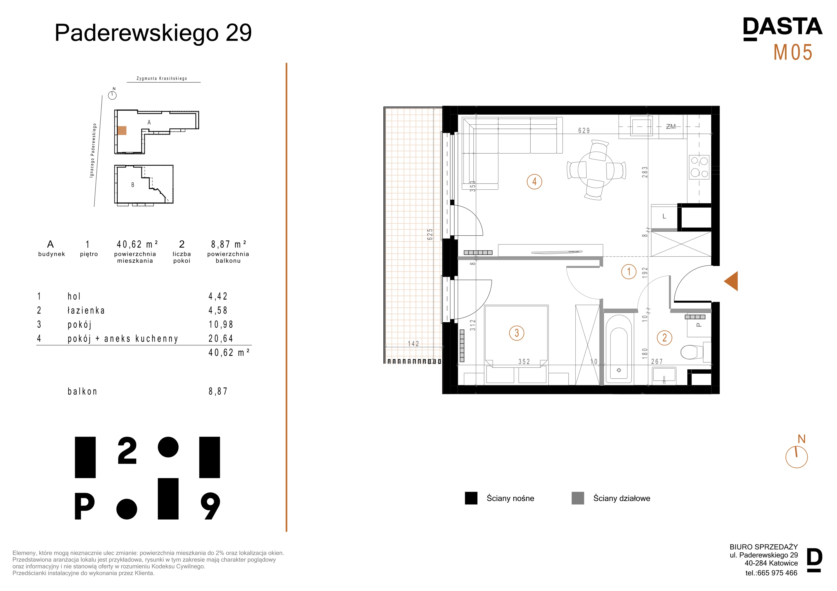 2 pokoje, mieszkanie 40,62 m², piętro 1, oferta nr A05, Paderewskiego 29, Katowice, Osiedle Paderewskiego-Muchowiec, Dolina Trzech Stawów, ul. Ignacego Paderewskiego 29