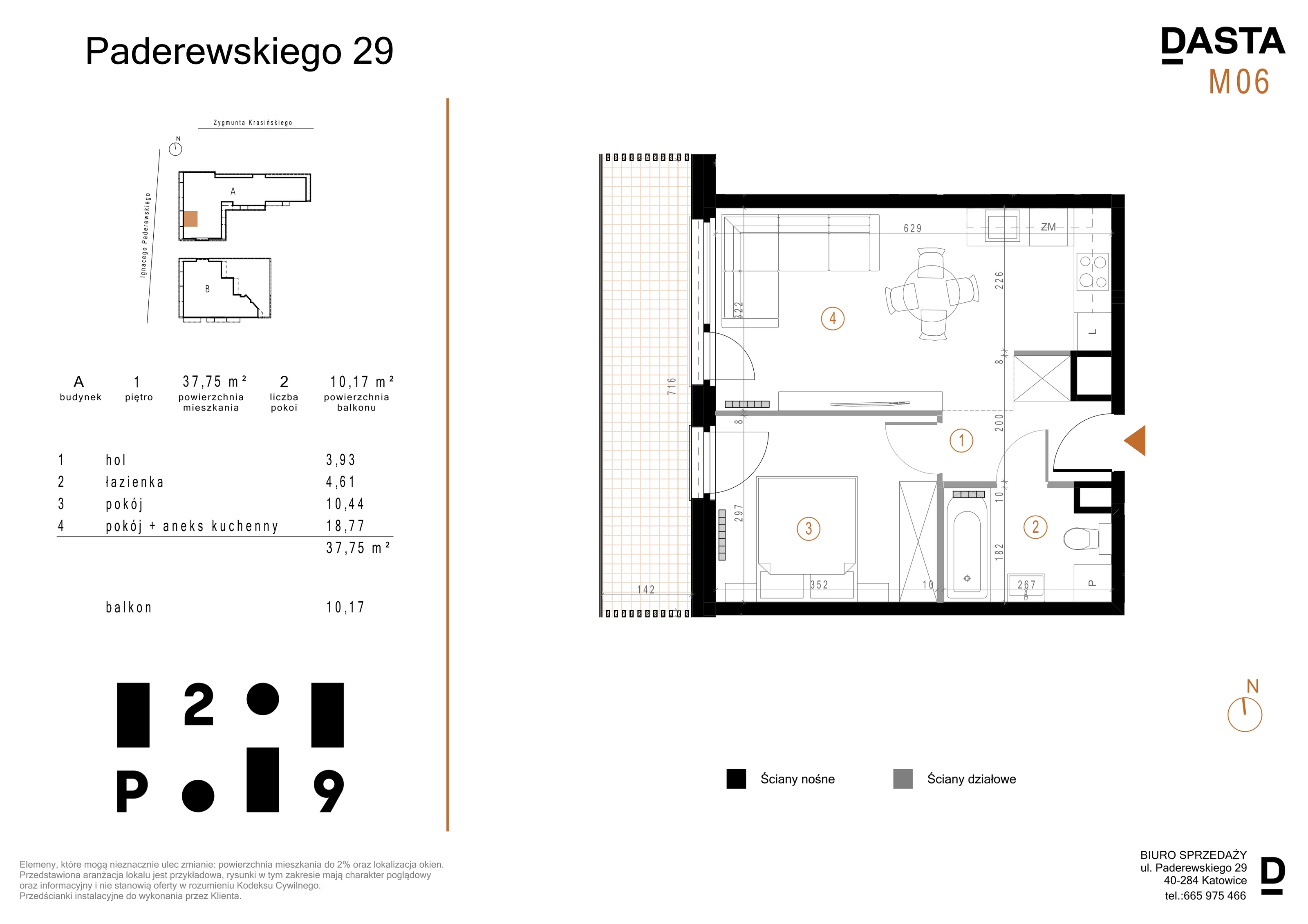 2 pokoje, mieszkanie 37,75 m², piętro 1, oferta nr A06, Paderewskiego 29, Katowice, Osiedle Paderewskiego-Muchowiec, Dolina Trzech Stawów, ul. Ignacego Paderewskiego 29