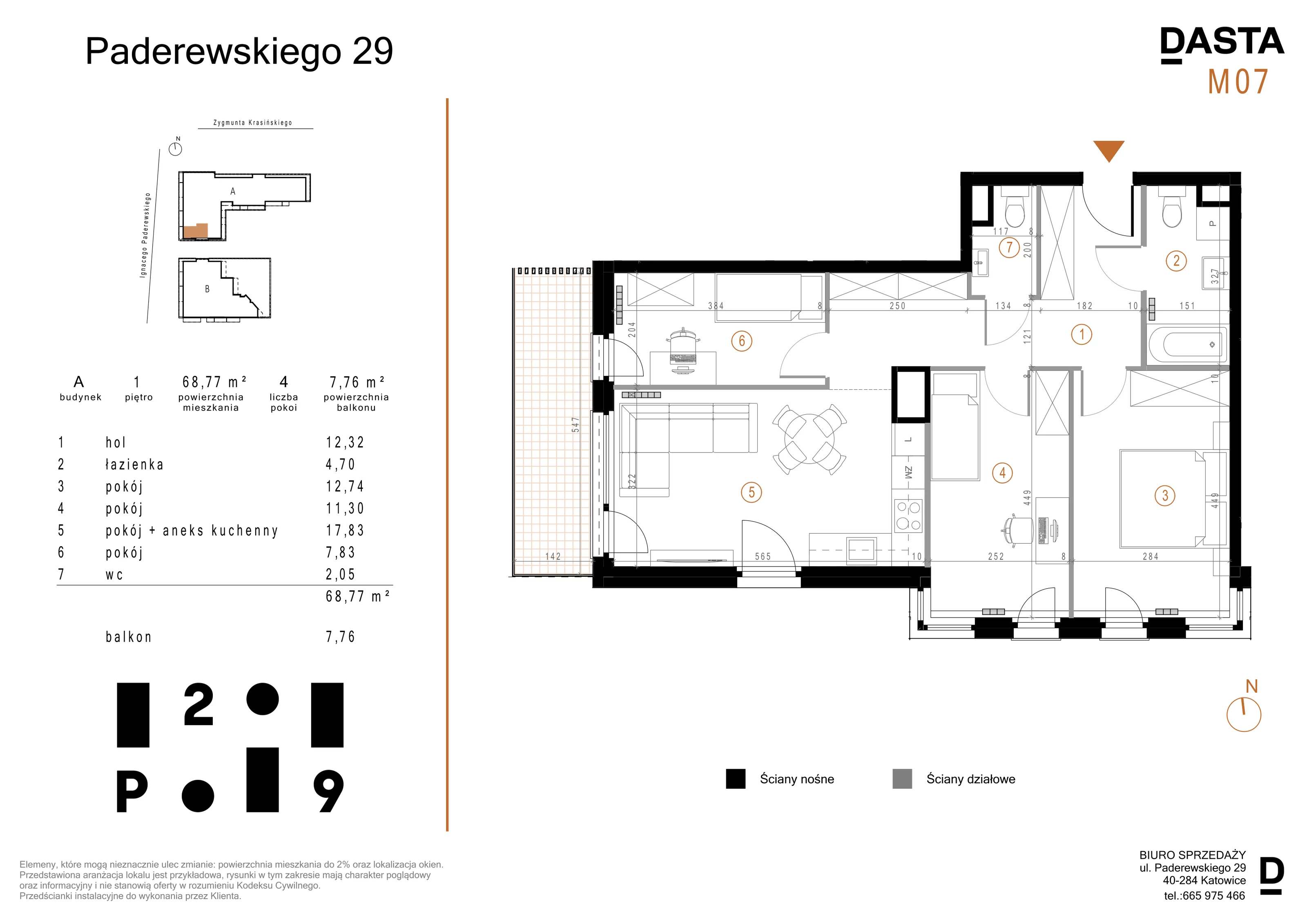 4 pokoje, mieszkanie 68,77 m², piętro 1, oferta nr A07, Paderewskiego 29, Katowice, Osiedle Paderewskiego-Muchowiec, Dolina Trzech Stawów, ul. Ignacego Paderewskiego 29