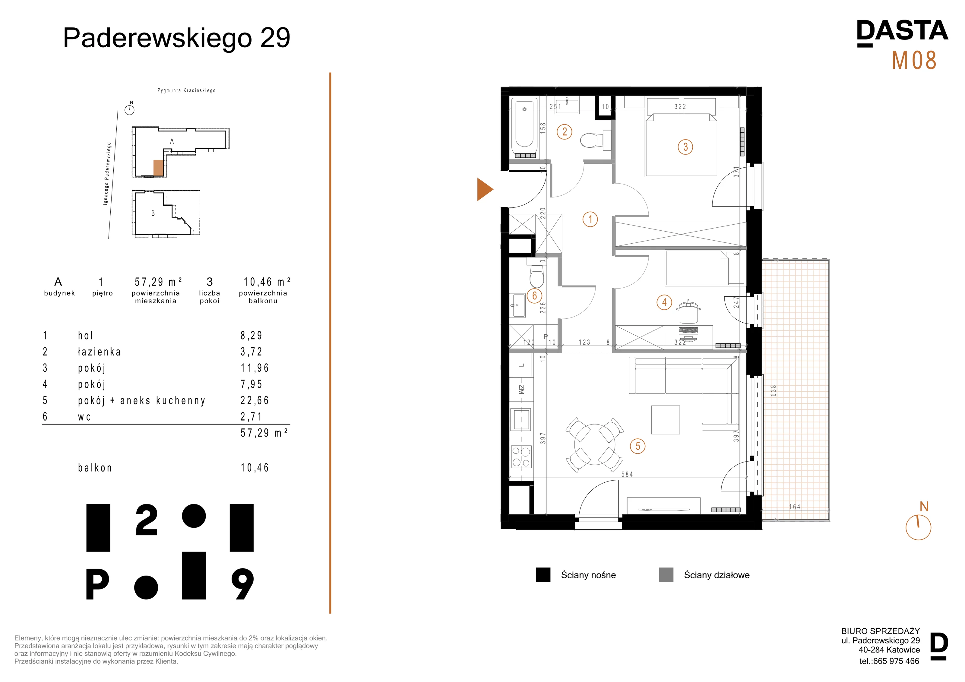 3 pokoje, mieszkanie 57,29 m², piętro 1, oferta nr A08, Paderewskiego 29, Katowice, Osiedle Paderewskiego-Muchowiec, Dolina Trzech Stawów, ul. Ignacego Paderewskiego 29