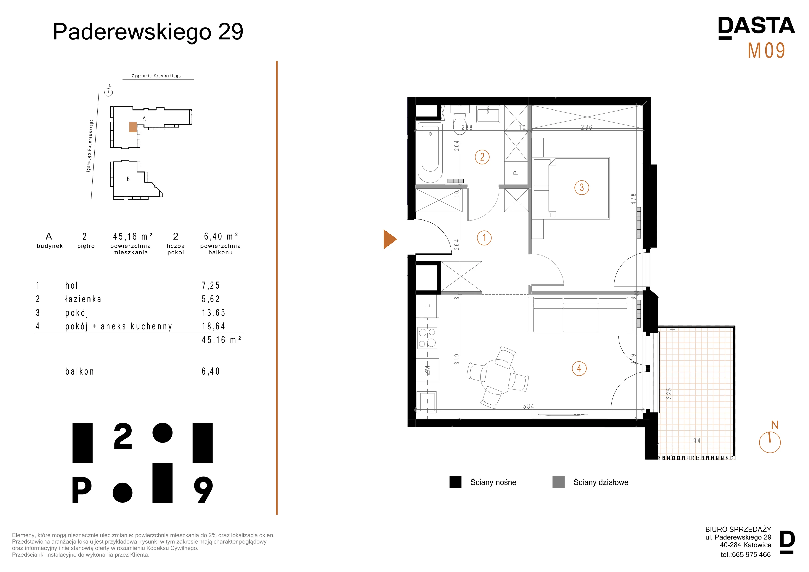 2 pokoje, mieszkanie 45,16 m², piętro 2, oferta nr A09, Paderewskiego 29, Katowice, Osiedle Paderewskiego-Muchowiec, Dolina Trzech Stawów, ul. Ignacego Paderewskiego 29