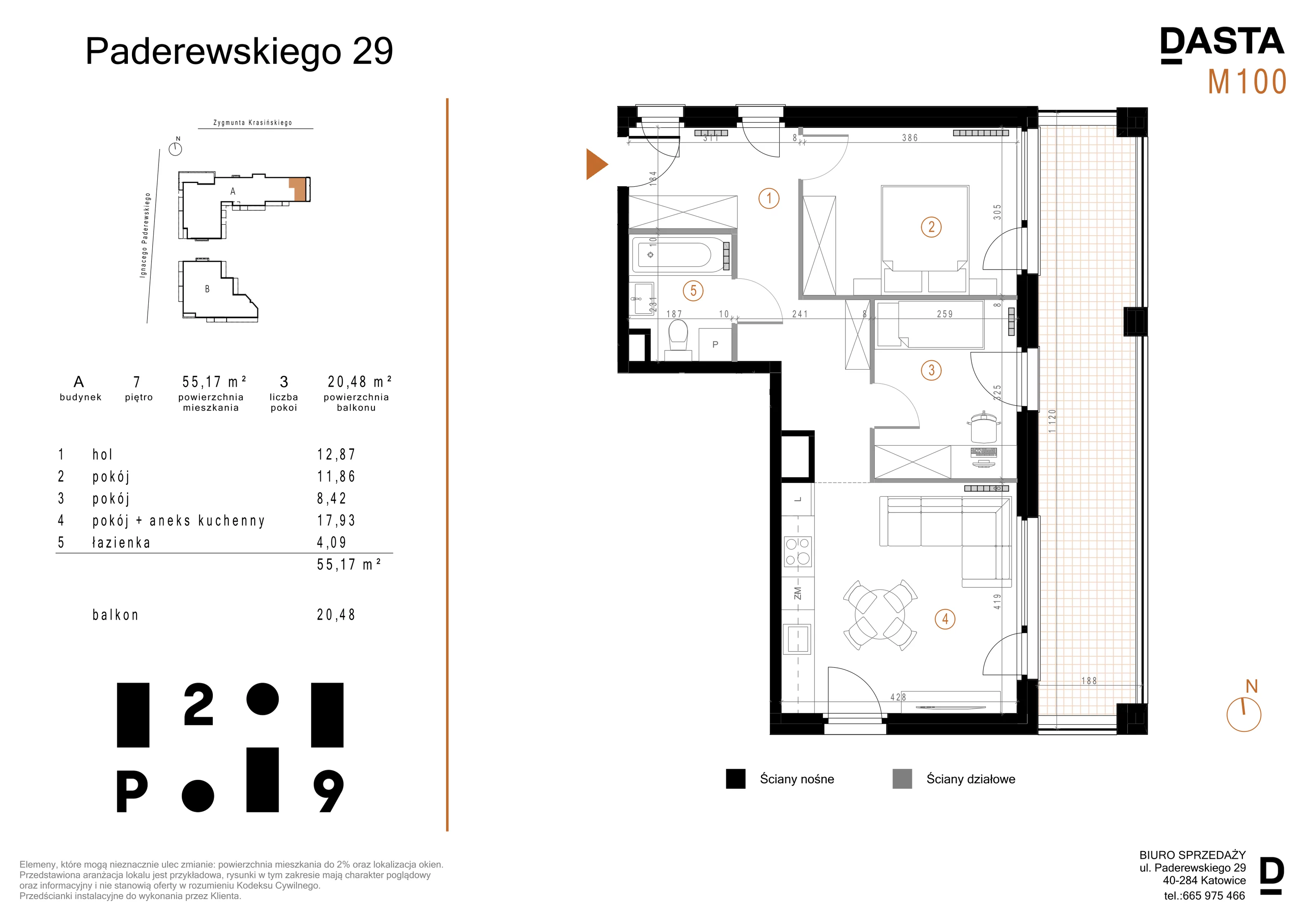 3 pokoje, mieszkanie 55,17 m², piętro 7, oferta nr A100, Paderewskiego 29, Katowice, Osiedle Paderewskiego-Muchowiec, Dolina Trzech Stawów, ul. Ignacego Paderewskiego 29