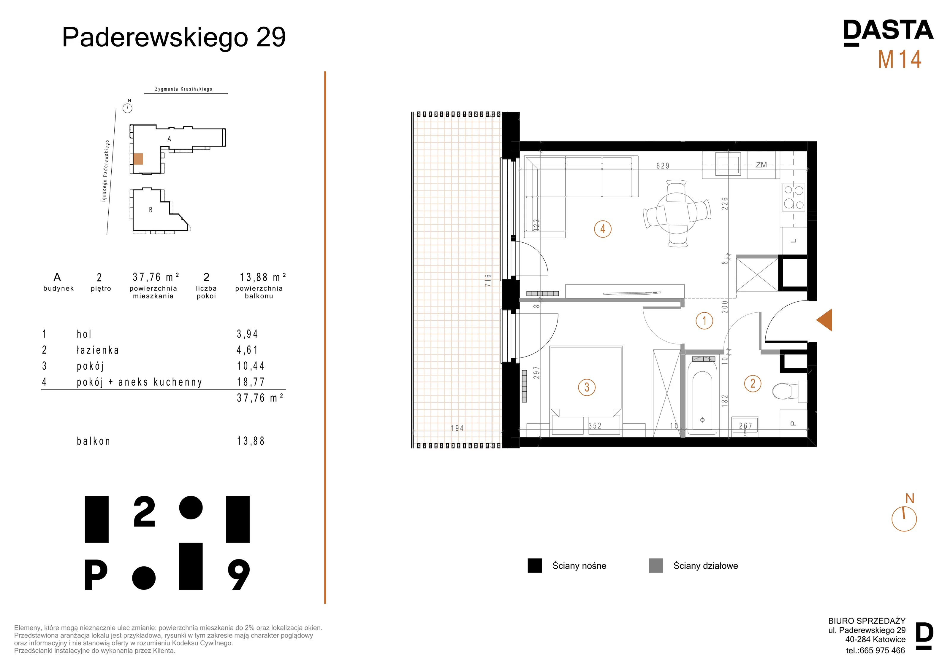 2 pokoje, mieszkanie 37,76 m², piętro 2, oferta nr A14, Paderewskiego 29, Katowice, Osiedle Paderewskiego-Muchowiec, Dolina Trzech Stawów, ul. Ignacego Paderewskiego 29