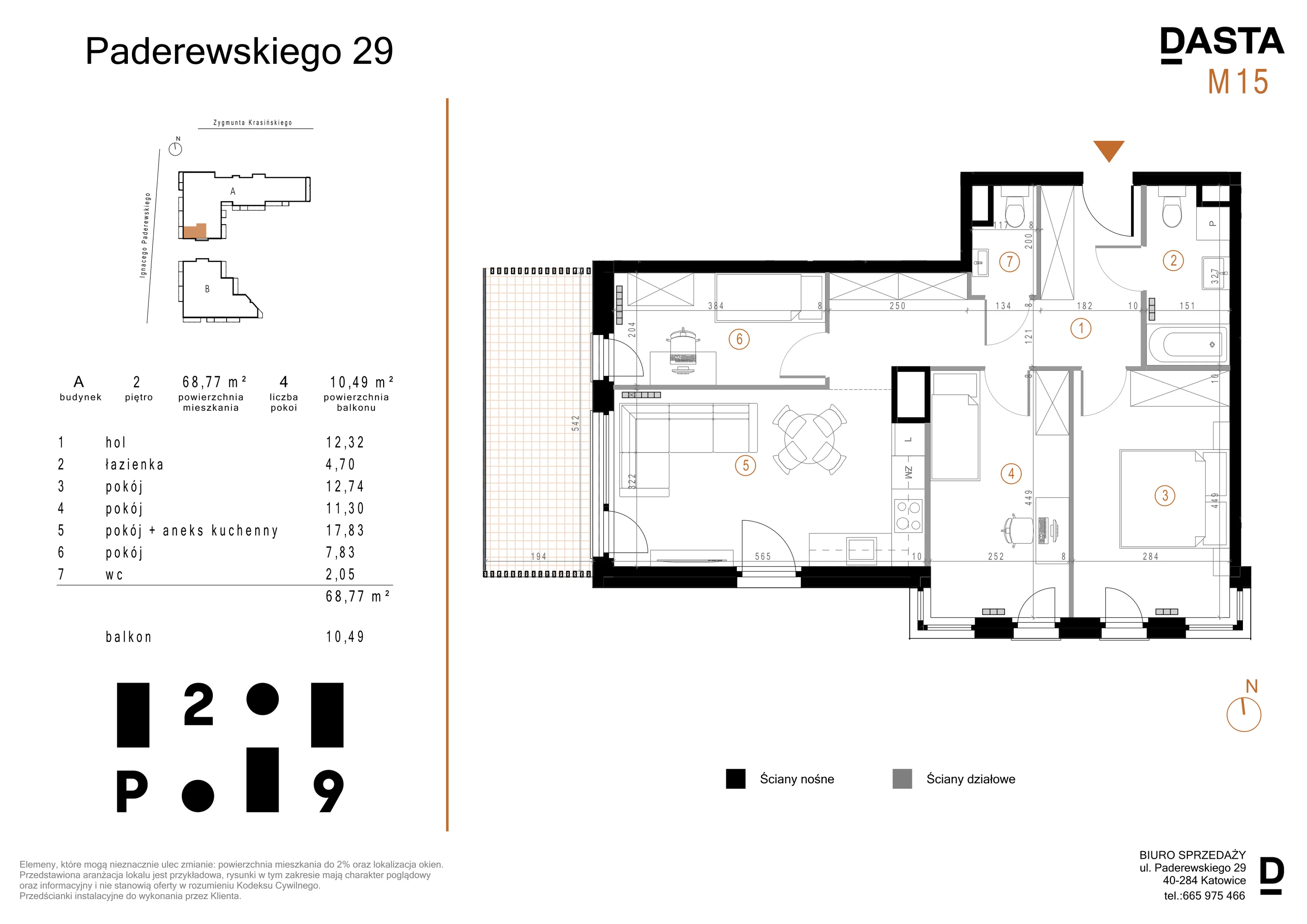 4 pokoje, mieszkanie 68,77 m², piętro 2, oferta nr A15, Paderewskiego 29, Katowice, Osiedle Paderewskiego-Muchowiec, Dolina Trzech Stawów, ul. Ignacego Paderewskiego 29