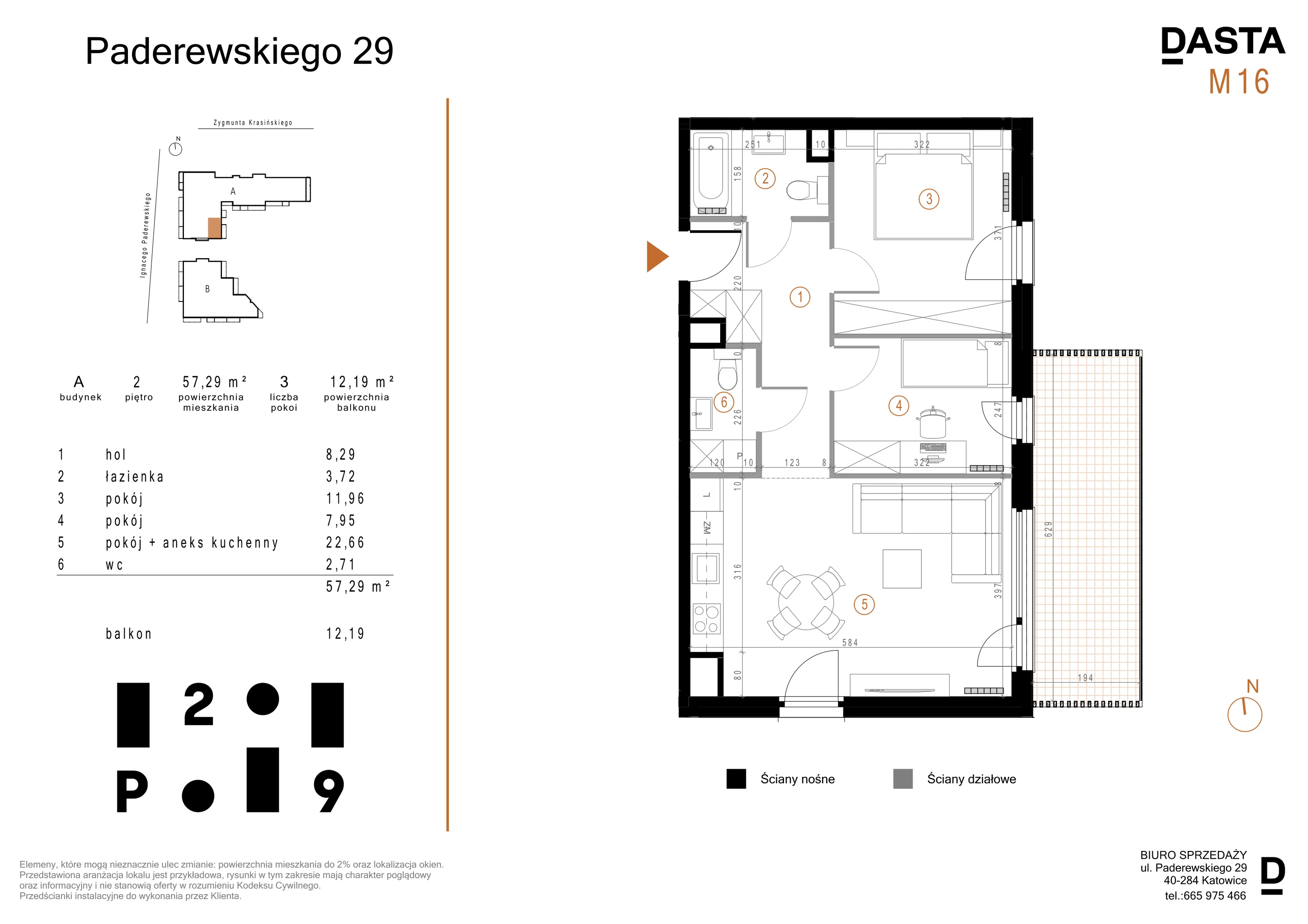 3 pokoje, mieszkanie 57,29 m², piętro 2, oferta nr A16, Paderewskiego 29, Katowice, Osiedle Paderewskiego-Muchowiec, Dolina Trzech Stawów, ul. Ignacego Paderewskiego 29