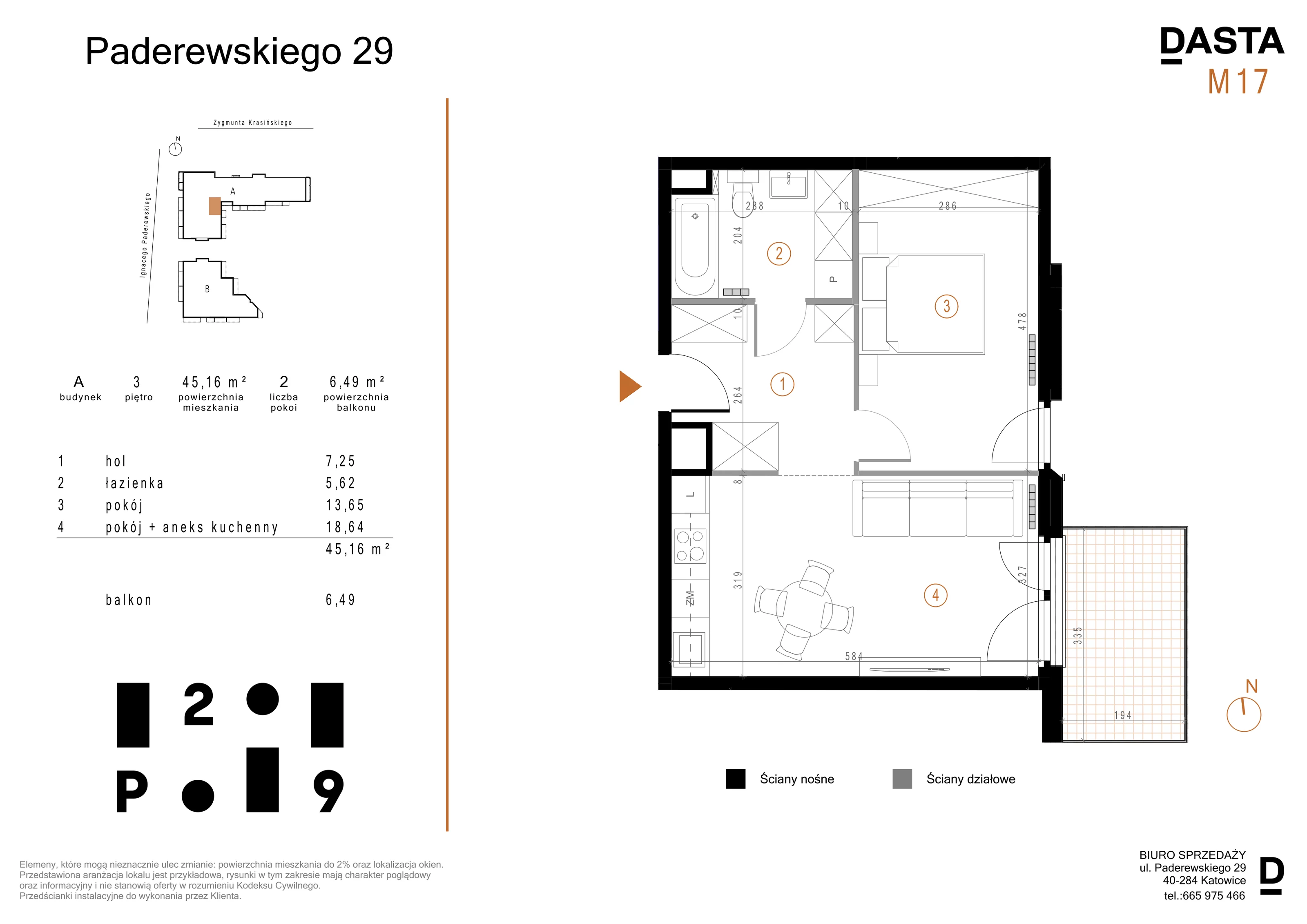 2 pokoje, mieszkanie 45,16 m², piętro 3, oferta nr A17, Paderewskiego 29, Katowice, Osiedle Paderewskiego-Muchowiec, Dolina Trzech Stawów, ul. Ignacego Paderewskiego 29