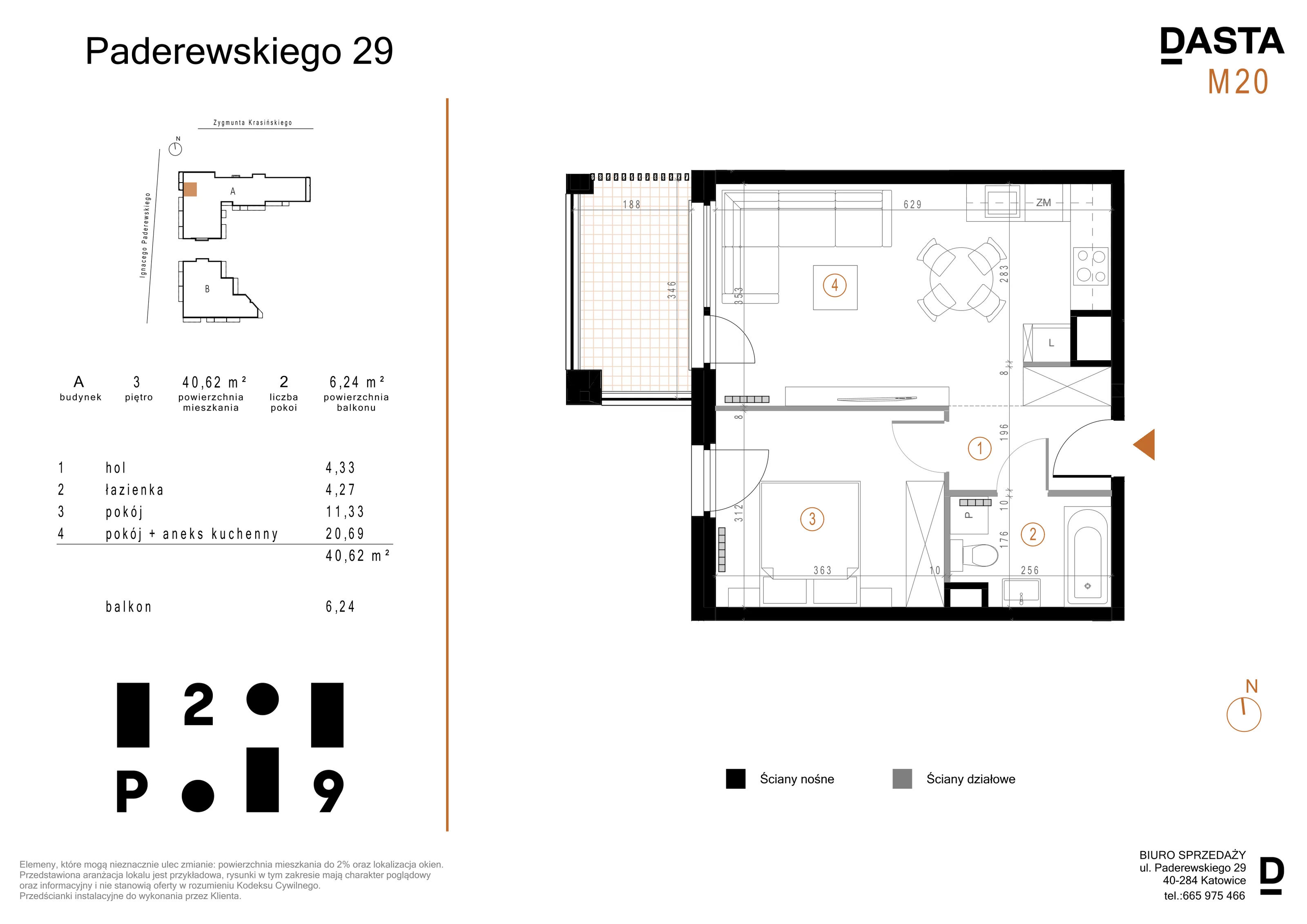 2 pokoje, mieszkanie 40,62 m², piętro 3, oferta nr A20, Paderewskiego 29, Katowice, Osiedle Paderewskiego-Muchowiec, Dolina Trzech Stawów, ul. Ignacego Paderewskiego 29